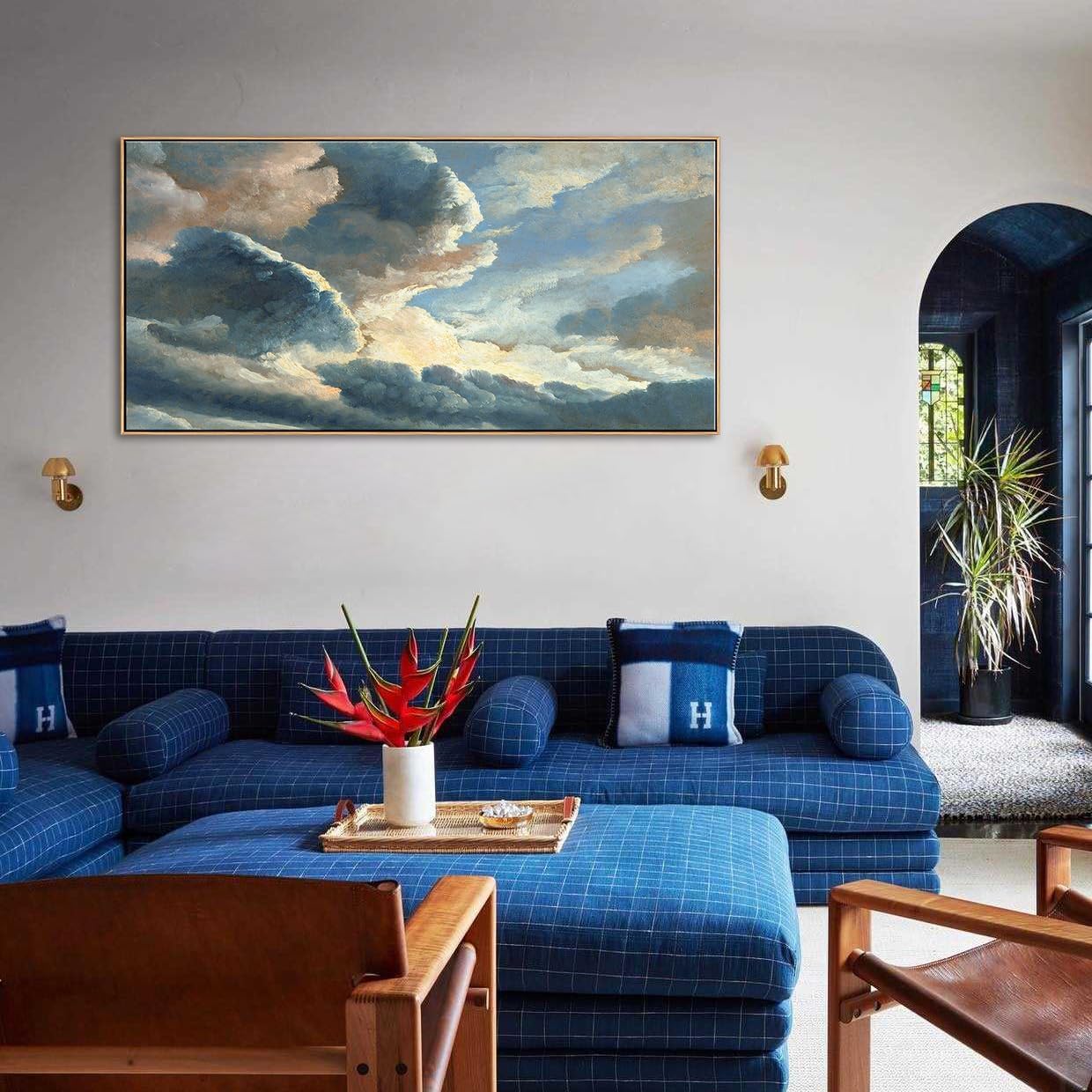 Vintage Landscape Wall Art - Large Framed Sunset Clouds Canvas Print, Farmhouse Natural Scenery Painting for Living Room, Bedroom, Bathroom Decor 20"x40"