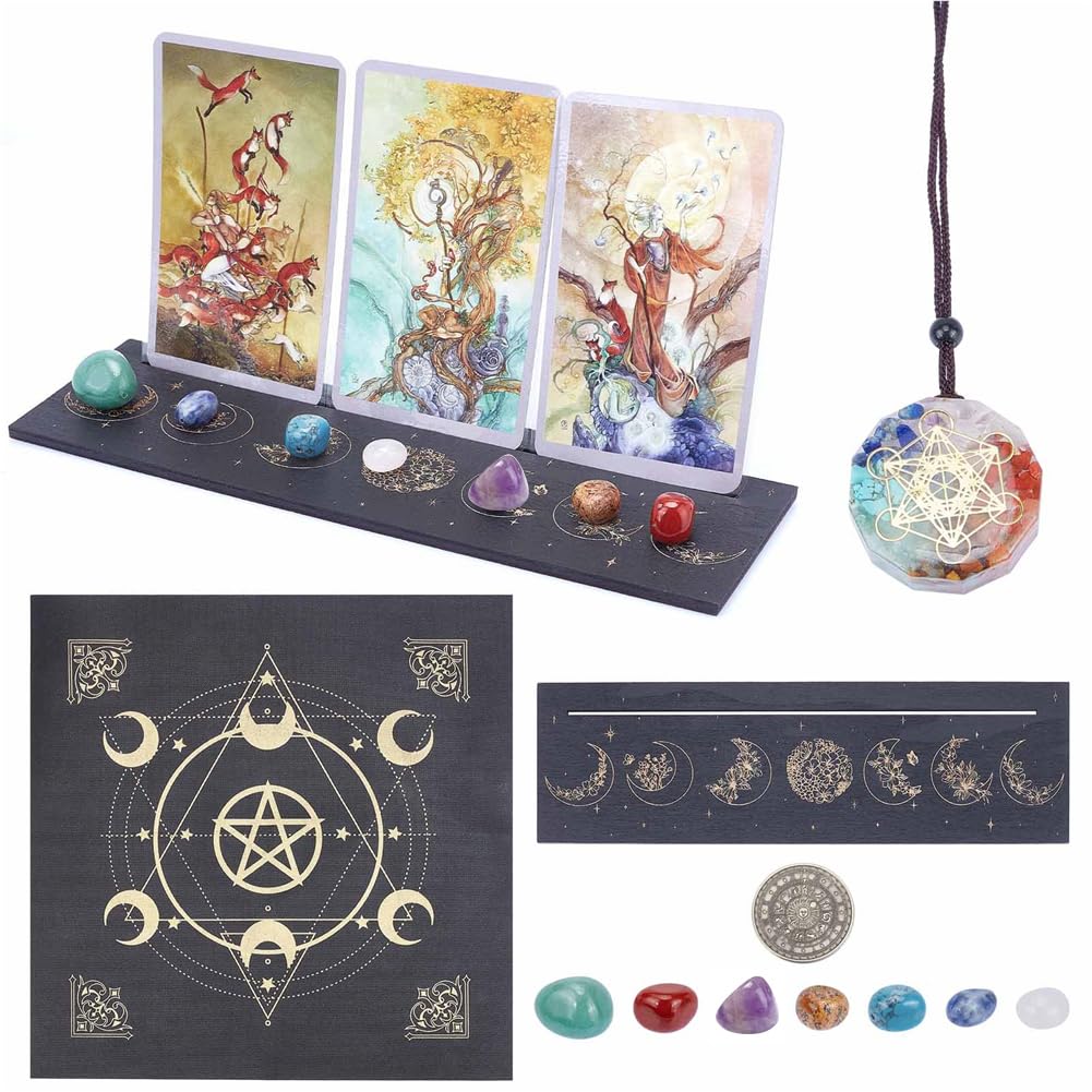 CRASPIRE 타로 카드 키트, 나무 타로 카드 홀더, 제단, 식탁보, 7차크라 펜던트, 목걸이, 고급 스톤 12개, 챌린지 코인,  마녀 점술 도구, 타로 카드 액세서리-Freehip.co.kr
