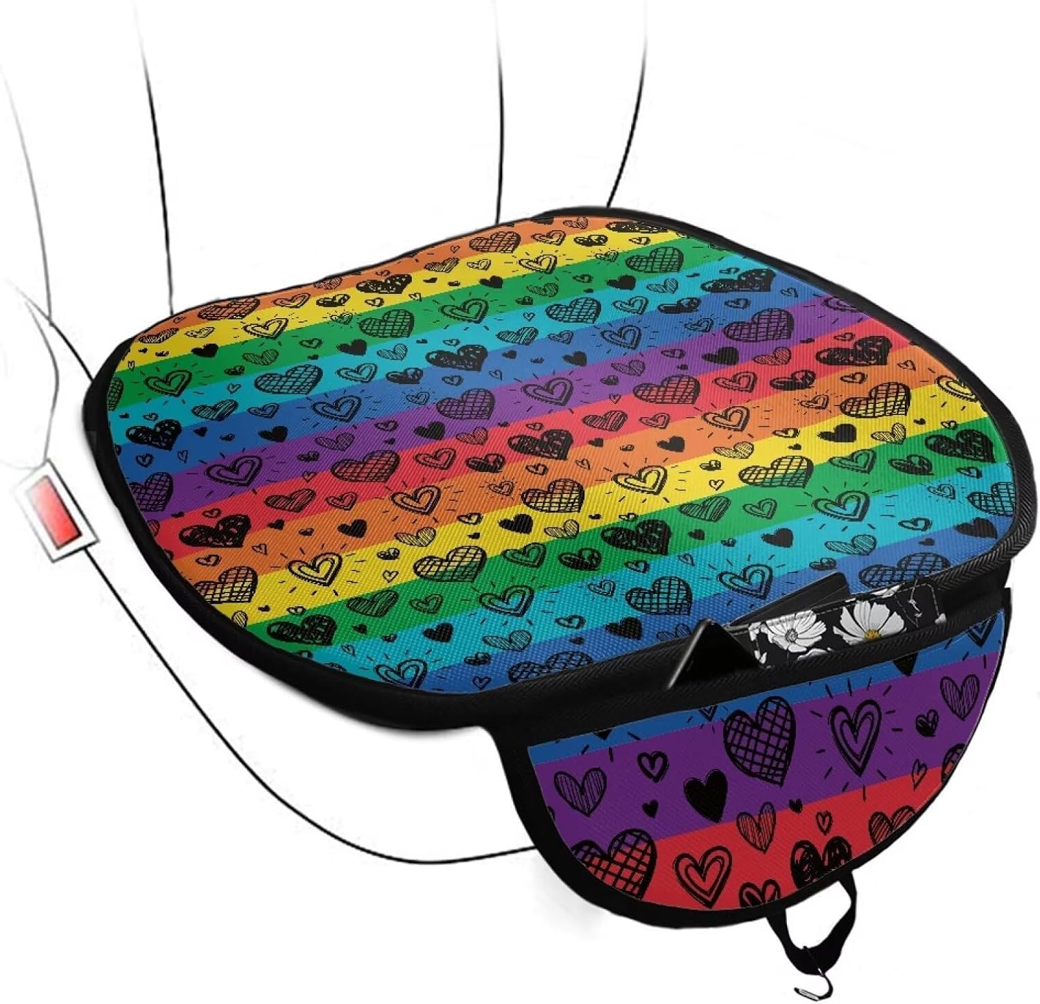 HUGS IDEA Rainbow Hearts Print Car Front Seat Bottom Covers Cushion Pad Mat with Non Slip Backing & Storage Pocket Full Set 2 Piece, Universal Fit Most Vehicles