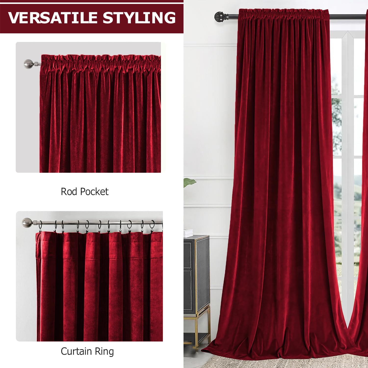 UNISTAR 100% Blackout Velvet Curtains for Bedroom (420GR), Luxury Super Soft Thermal Insulated Block Light Window Velvet Curtain for Living Room, Rod Pocket Drapes, 2 Panels, (Burgundy /52x108)