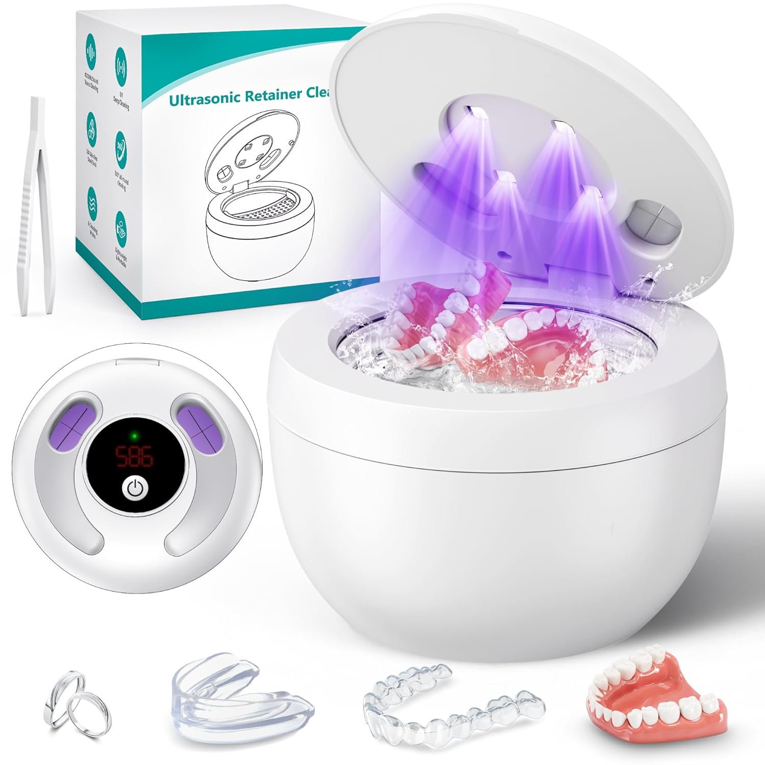 Product image of Upgraded Ultrasonic Retainer Cleaner Machine, 45kHz Ultrasonic Dentures Cleaner for Night Guards, Braces, Aligner, Toothbrush, Jewelry and More, 200ML Capacity, White