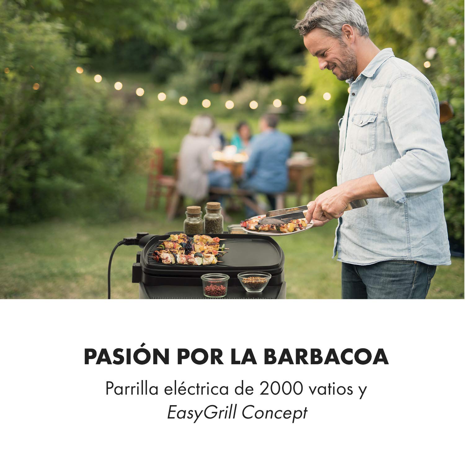 Klarstein Gatsby parrilla eléctrica, parrilla de pie y de mesa, 2000 W, EasyGrill Concept, superficie 40 x 36 cm, aluminio fundido a presión, antiadherente, campana, dos mesas laterales, beige/negro