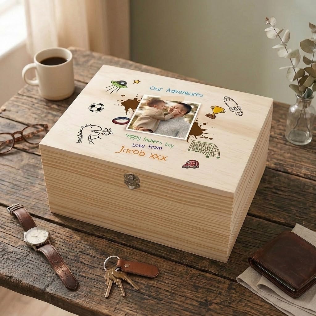 Caja de recuerdos personalizada con diseño de pino de Our Adventures Doodle | Regalo del día del padre | Caja de recuerdos de madera personalizada | Sube tu propia foto | Bisagras y cierre de metal |