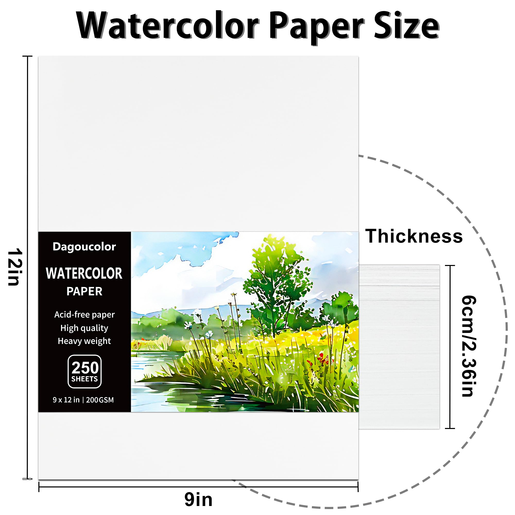 DagouColor Akwarela Papier, 9" x 12", 200GSM, 250 Pcs Papier Akwarelowy, Artysta Malarstwo Dorosłych, Chłopców, Dziewcząt, Studentów, Malowanie, Rysowanie, Mieszane Media
