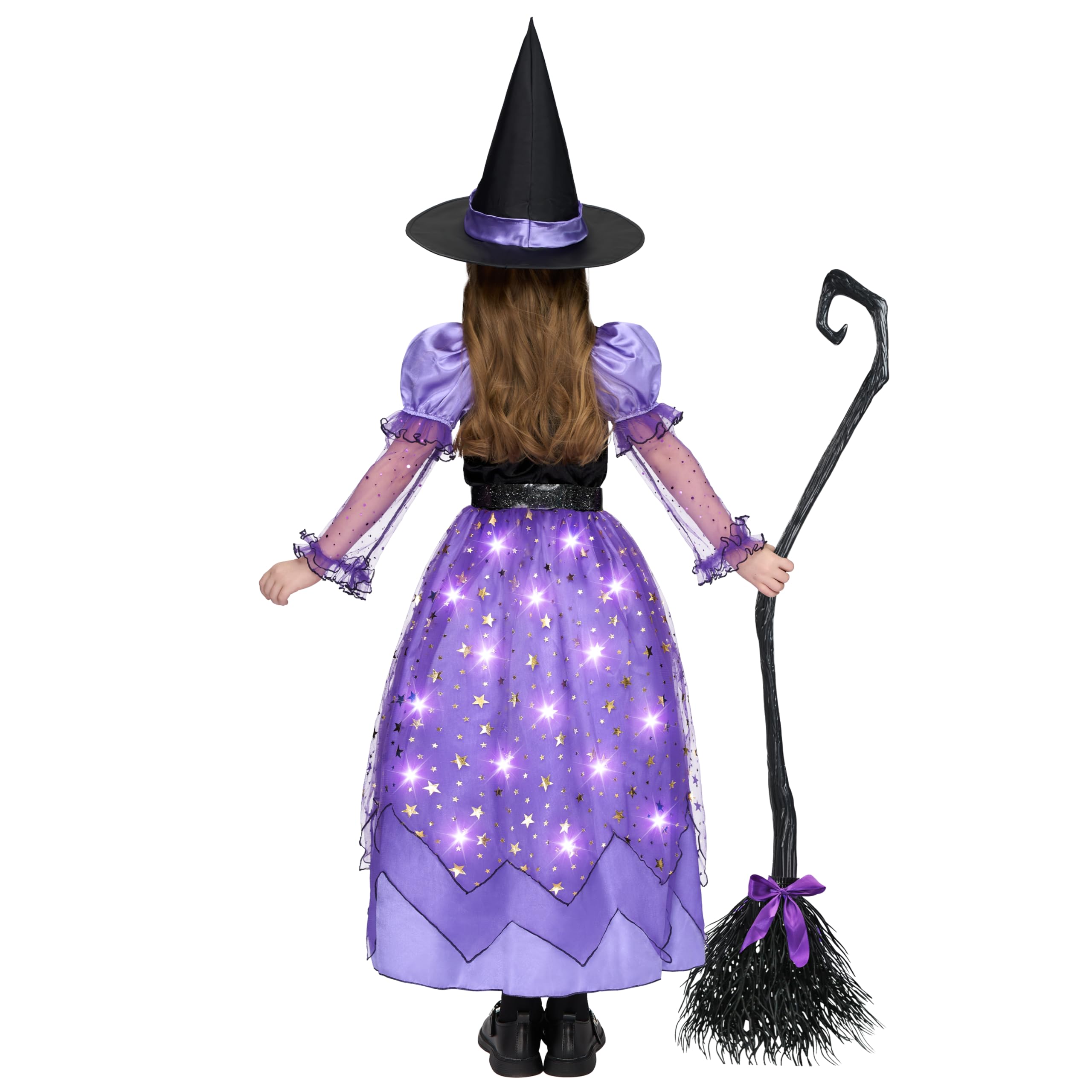 Spooktacular Creations Kostium czarownicy dla dziewczynki, świecący kostium czarownicy dla dzieci, gwiaździsta sukienka czarownicy z kapeluszem na pasek na miotły, dla dziewcząt, Halloween, impreza