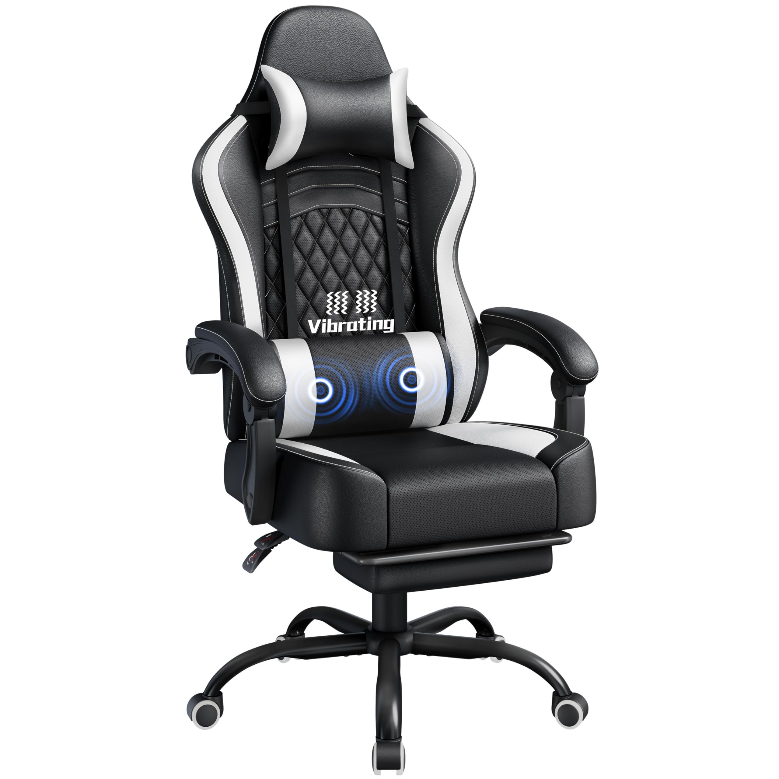 Abician Fauteuil Gaming Pivotant Ergonomique, Chaise d'ordinateur Inclinable avec Coussin Lombaire, Massant Têtière Amovible Repose-Pieds Coulissant, Assise Réglable en Hauteur, Noir/Blanc