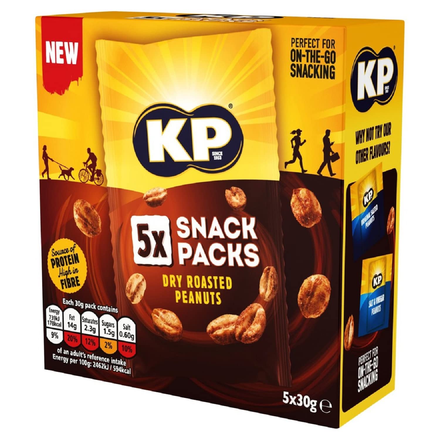 KP Nuts - DRY ROASTED Peanuts - Multipack of 5 x 30g Snack Bags - Roasted until golden for the perfect KP taste and crunch. Source of protein and high in fibre.