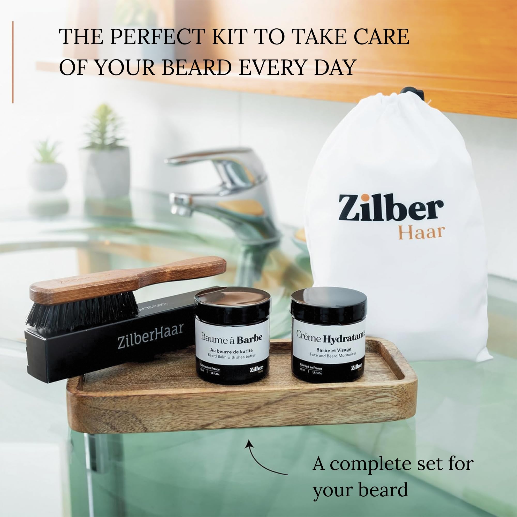 ZilberHaar - Kit per la cura della barba da uomo - 1 spazzola per barba + 1 lozione + 1 crema idratante + 1 mantello - setole dure di cinghiale - custodia in velluto
