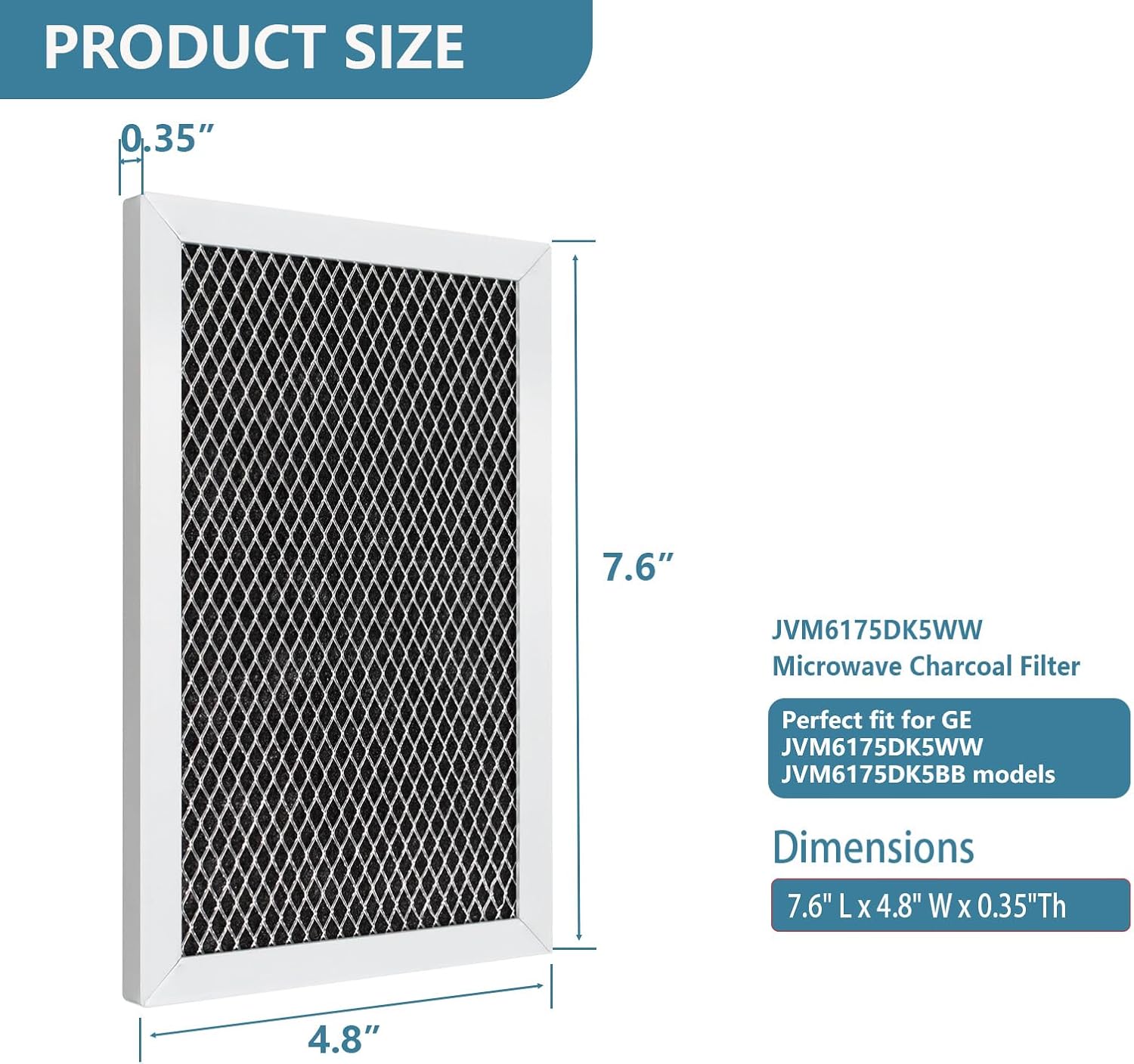 JVM6175DK5WW Microwave Charcoal Filter Compatible with GE Microwave Oven JVM6175DK5WW JVM6175DK5BB JVM6175SK5SS JVM6175YK5FS 4.8" x 7.6" x 0.35" Aluminum Mesh Filters 2 Pack