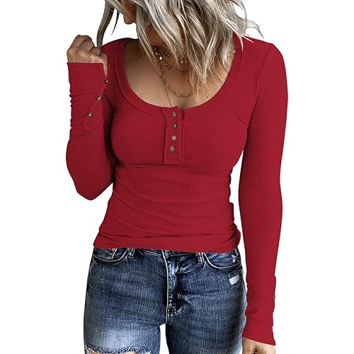 KINLONSAIR Women’s Long Sleeve Henley T Shirts Button Down Slim Fit Tops Scoop Neck Ribbed Knit Shirts