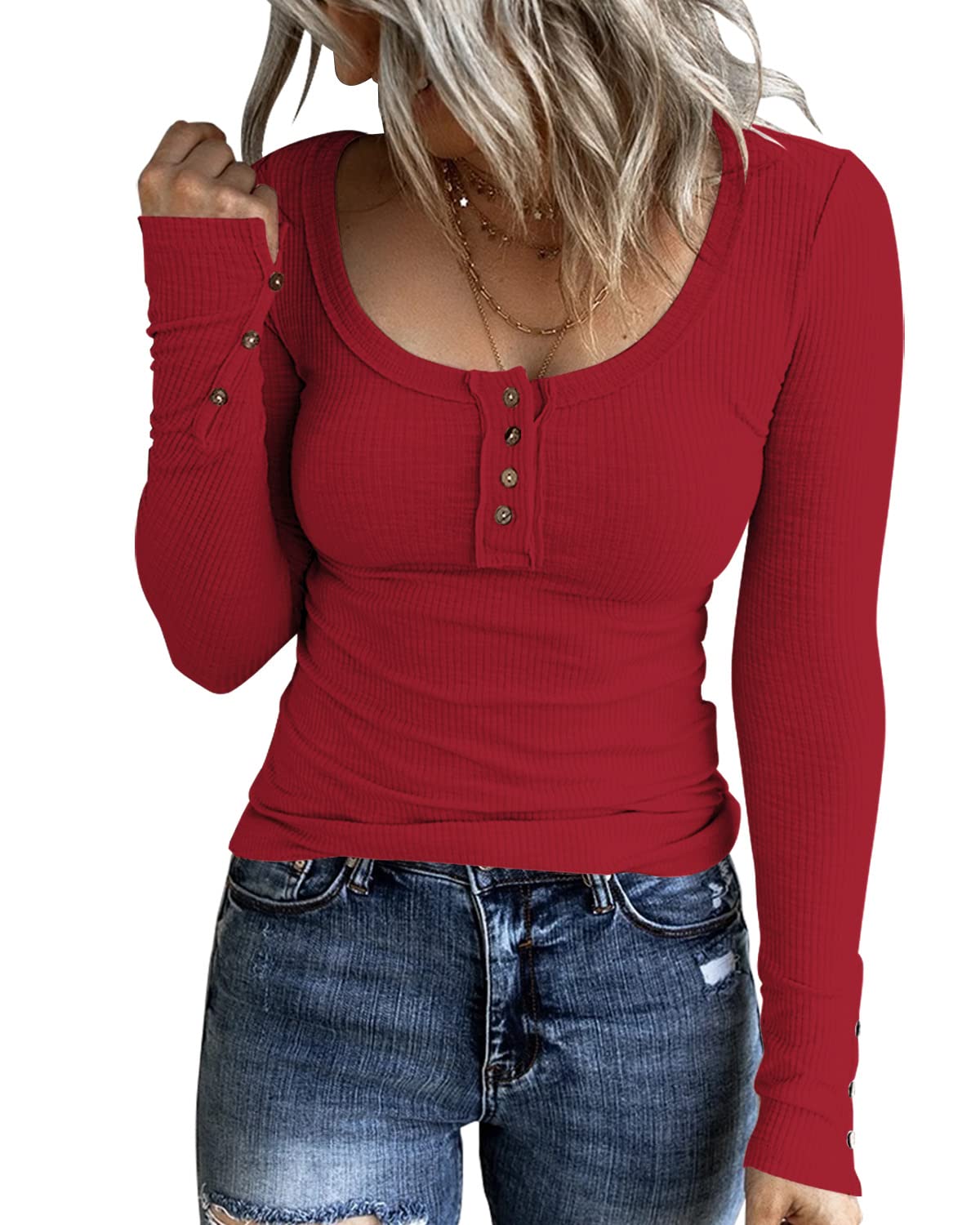 KINLONSAIR Women Long Sleeve Henley Shirts Scoop Neck T-shirt Basic Tops
