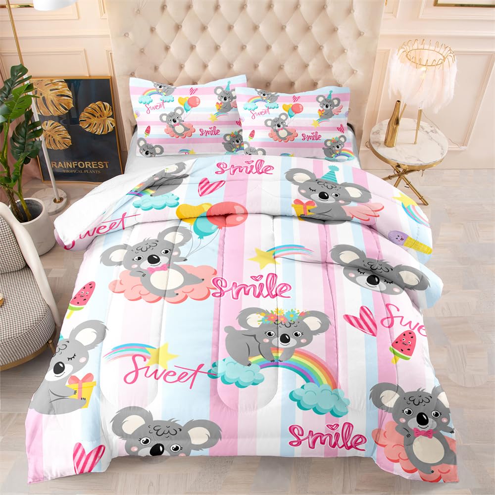 Coverless Duvet Single Koala Rainbow Pink Coverless Duvet Single Microfiber Quilted Bedspreads All Seasons Bedspread Breathable Comforter Soft Quilted Throw+2 Pillowcases(50x75cm) 140x200cm