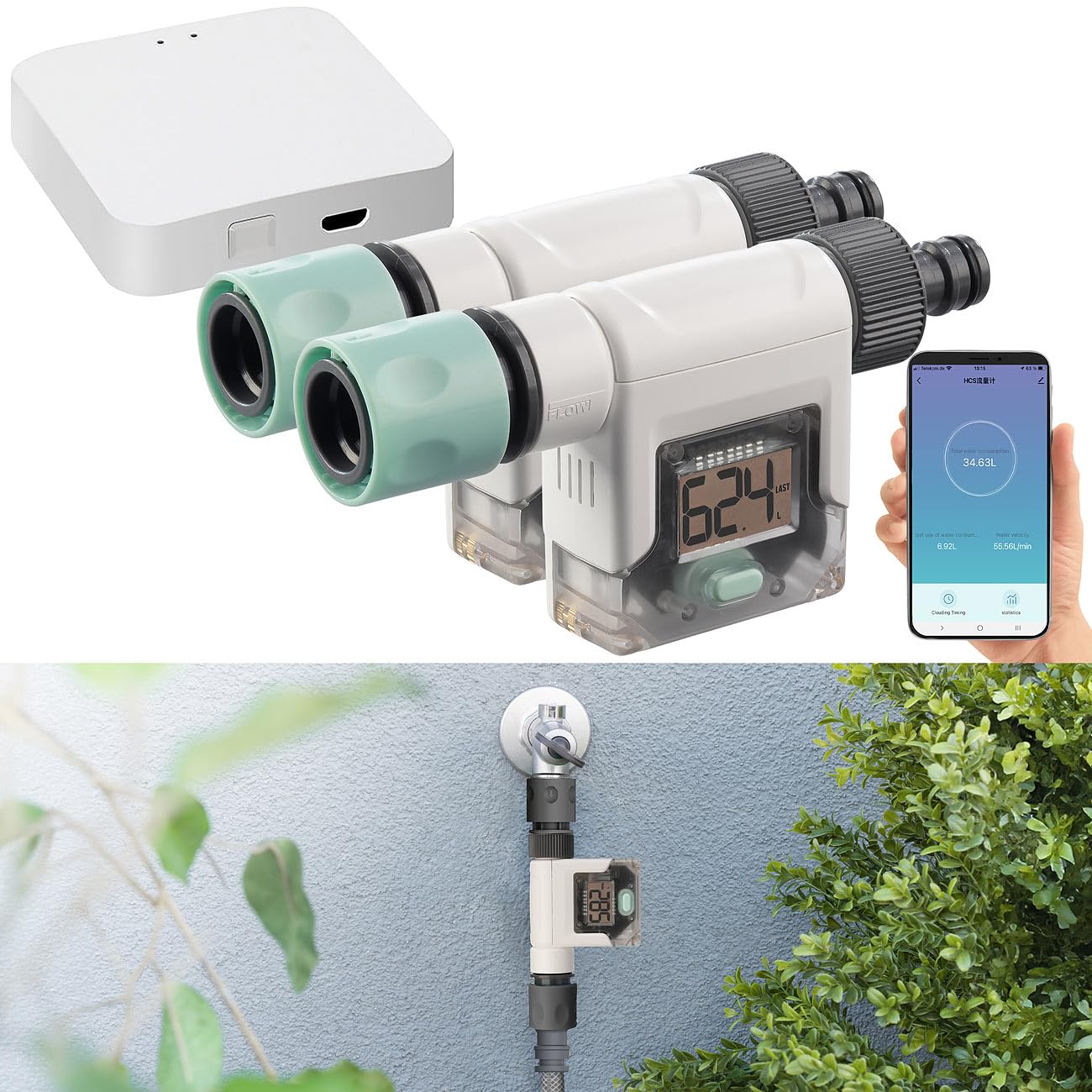 Royal Gardineer Wasserverbrauch-Zähler: 2er-Set smarte Wasserzähler für Gartenschlauch, mit WLAN-Gateway & App (Smarthome-Zentralen, Digitale Wasserzähler WLAN, Uhren)