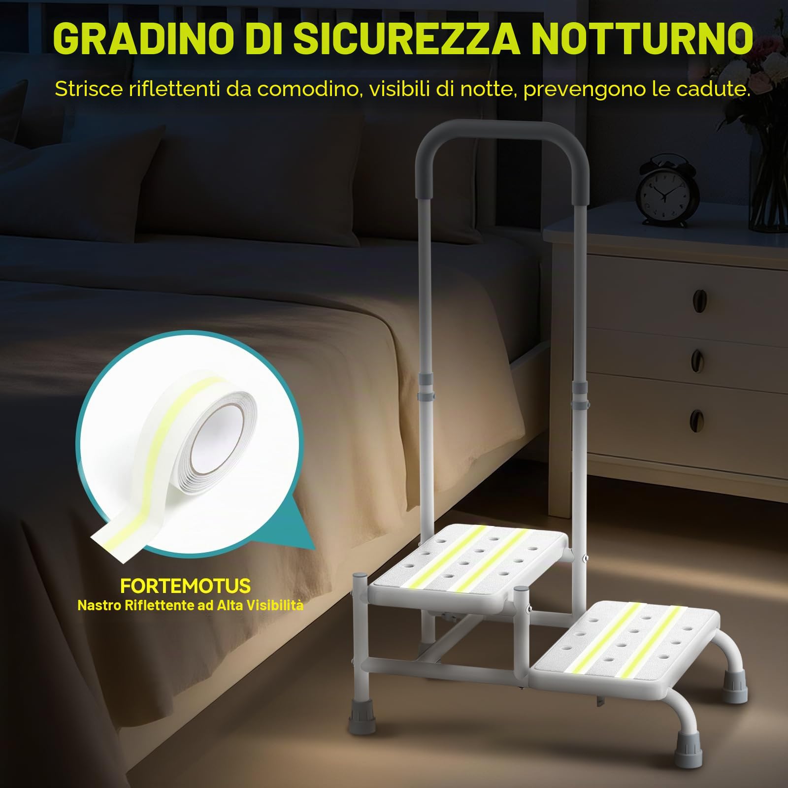 FORTEMOTUS Aiuto all'ingresso per Anziani, Sgabello per Vasca da Bagno con 2 Gradini e Maniglia per Anziani e Disabili per Cucina e Auto, Bianco