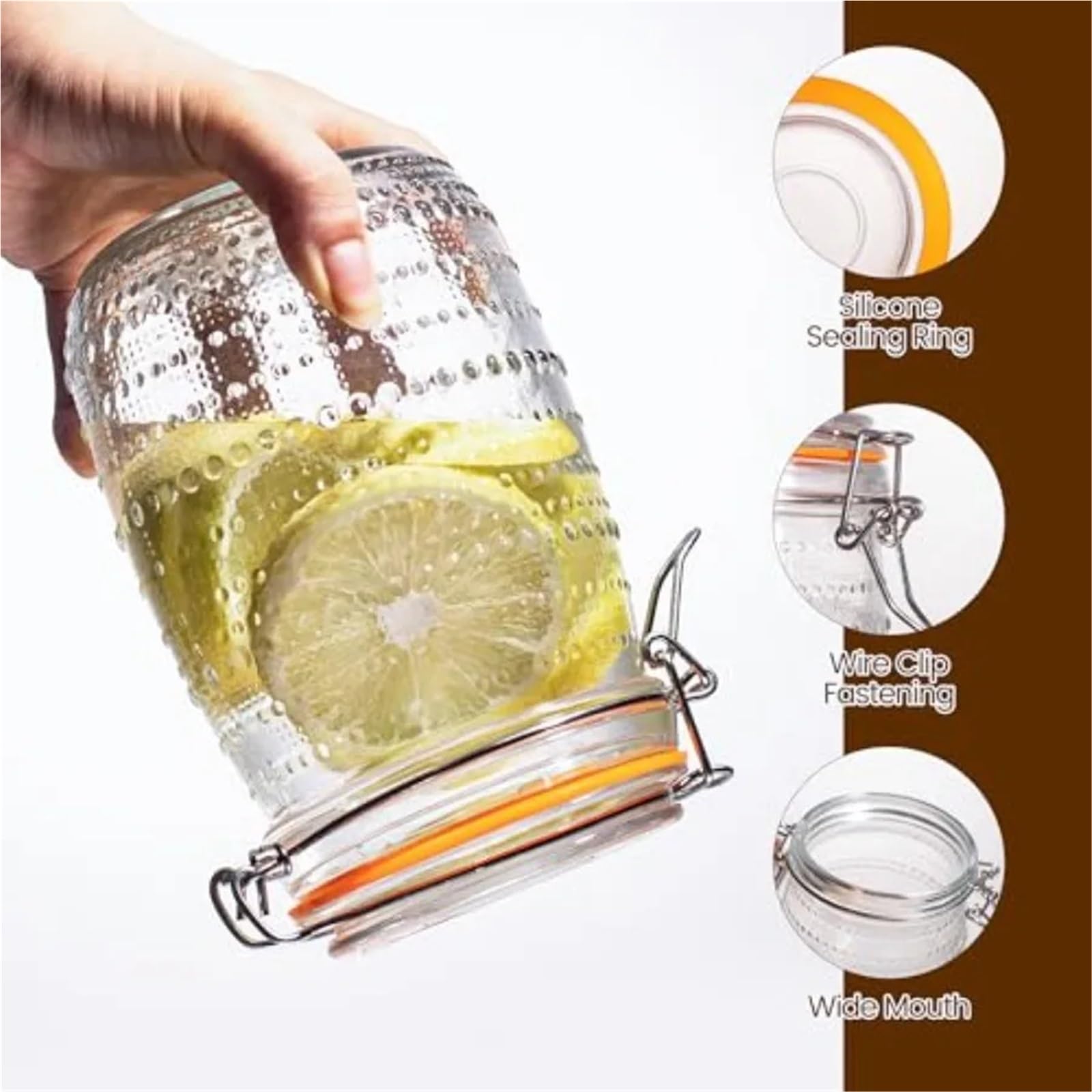 Paquete de 6 tarros cristal con tapas herméticas, conservas boca ancha superiores Clip for almacenamiento cocina, ensalada encurtida para Cocina