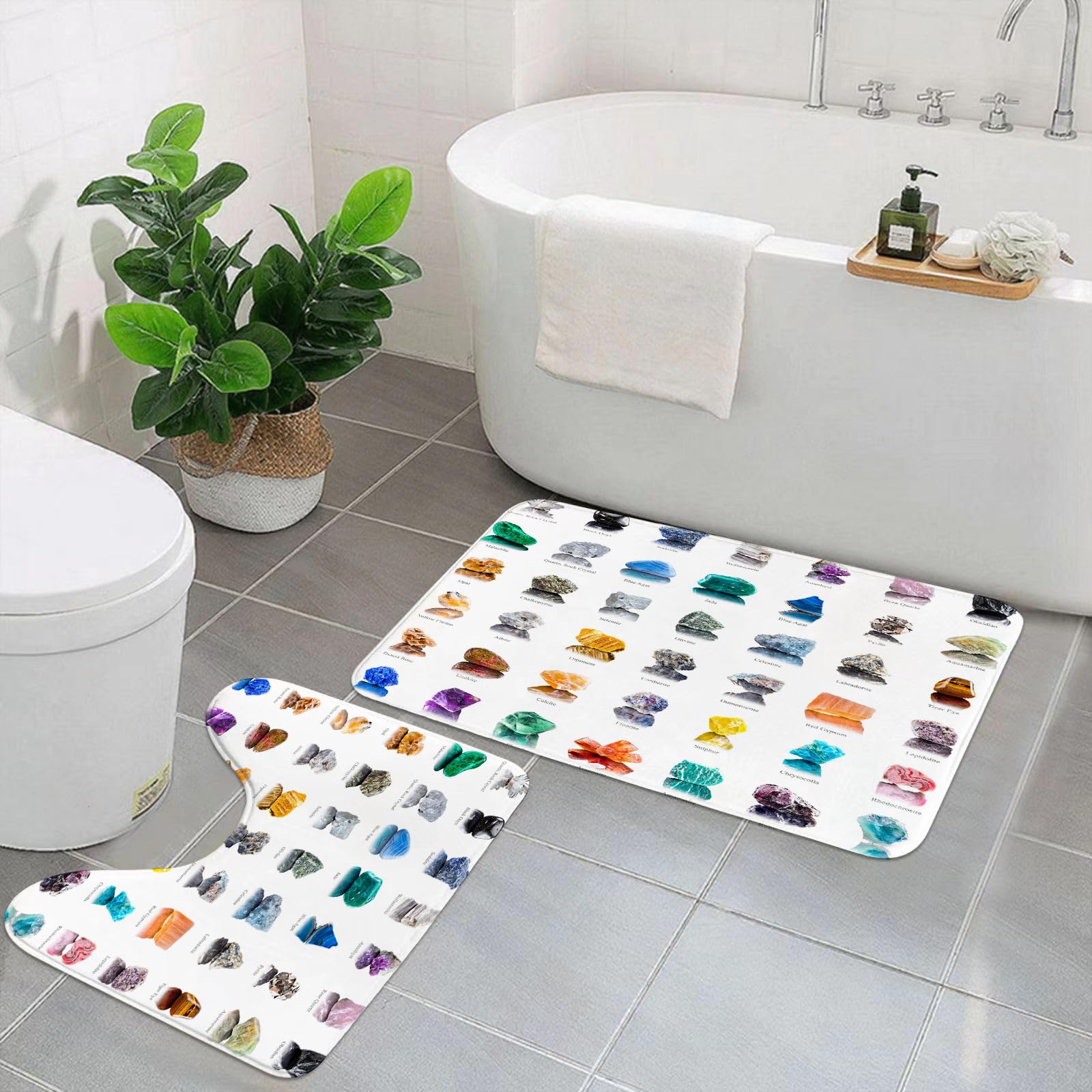 AELKSP 2 Piece Non Slip Bathroom Rugs Set,Luxury Thick Microfiber Shaggy Bath Mat Sets,Collection set of semi-precious gemstones stones and minerals isolated on,Machine Washable Bathroom Mats Carpet