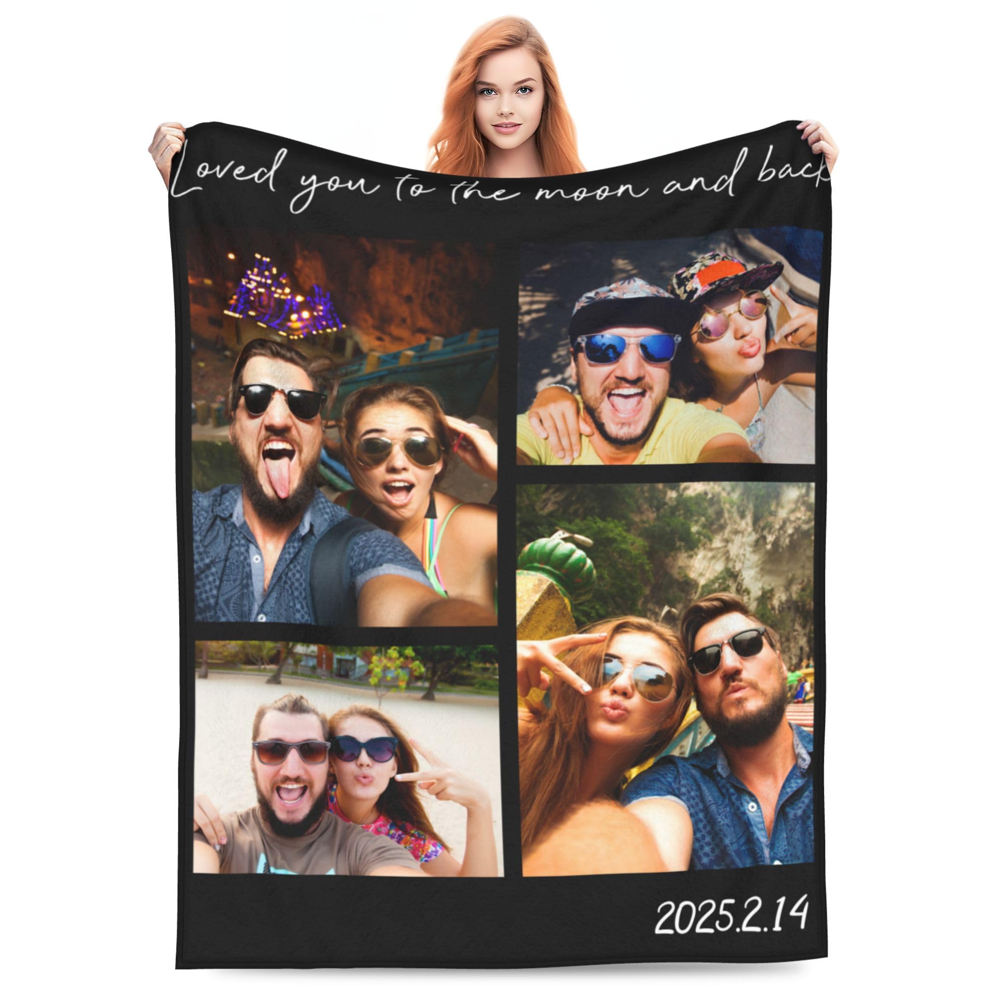 D-Story Couples Gifts for Him and Her Custom Blanket with 4 Photos with Any Text - Personalized Picture Blankets for Valentines Birthday Gifts for