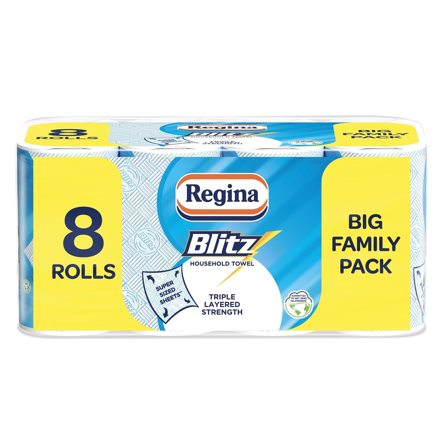 Regina Blitz Household Towels – 8 Triple Layered Rolls, 70 Sheets Per Roll, Paper Packaging, FSC Certified Paper, Recyclable Packaging, 60% Larger Than Standard Kitchen Roll Sheets - 2