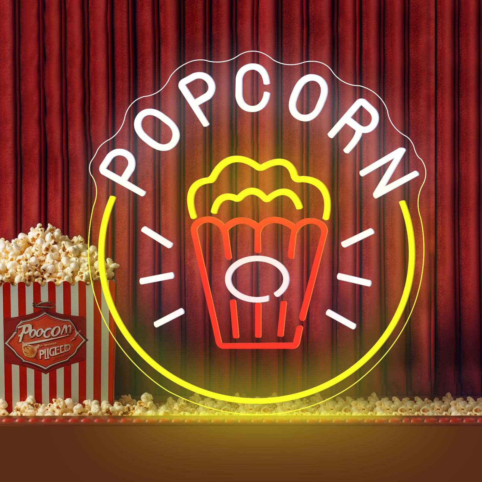 Popcorn Neon Sign Popcorn LED Neon Light Snack Bar Food Shop Wall Decor Art LED Cinema Food Light Dimmable Popcorn Neon Logo For Kitchen Film Room Home — image 1