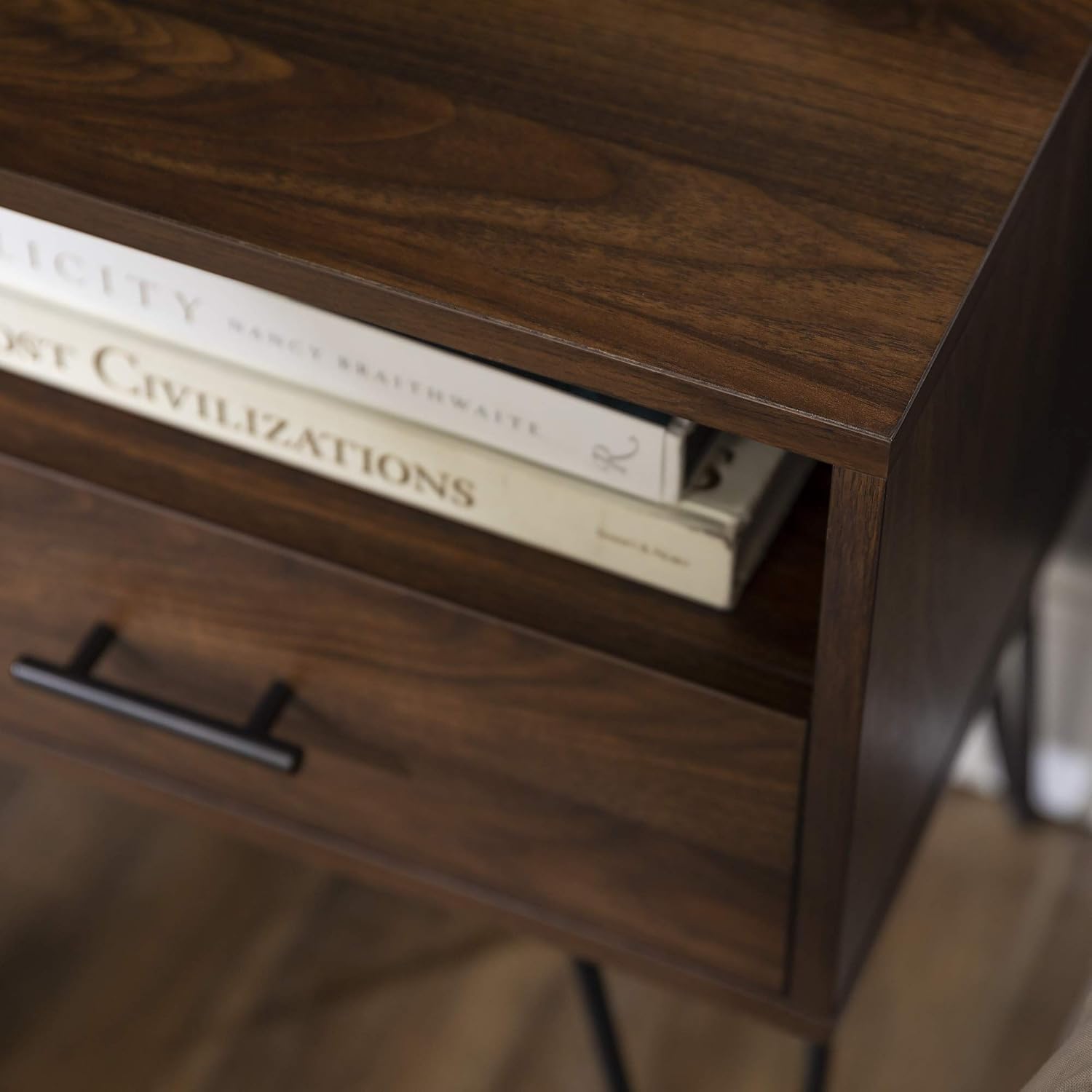 Walker Edison Hadley 2 Piece Mid-Century Modern Metal Hairpin Leg 1-Drawer Side Table Set, 2 Pack, Dark Walnut : Everything Else