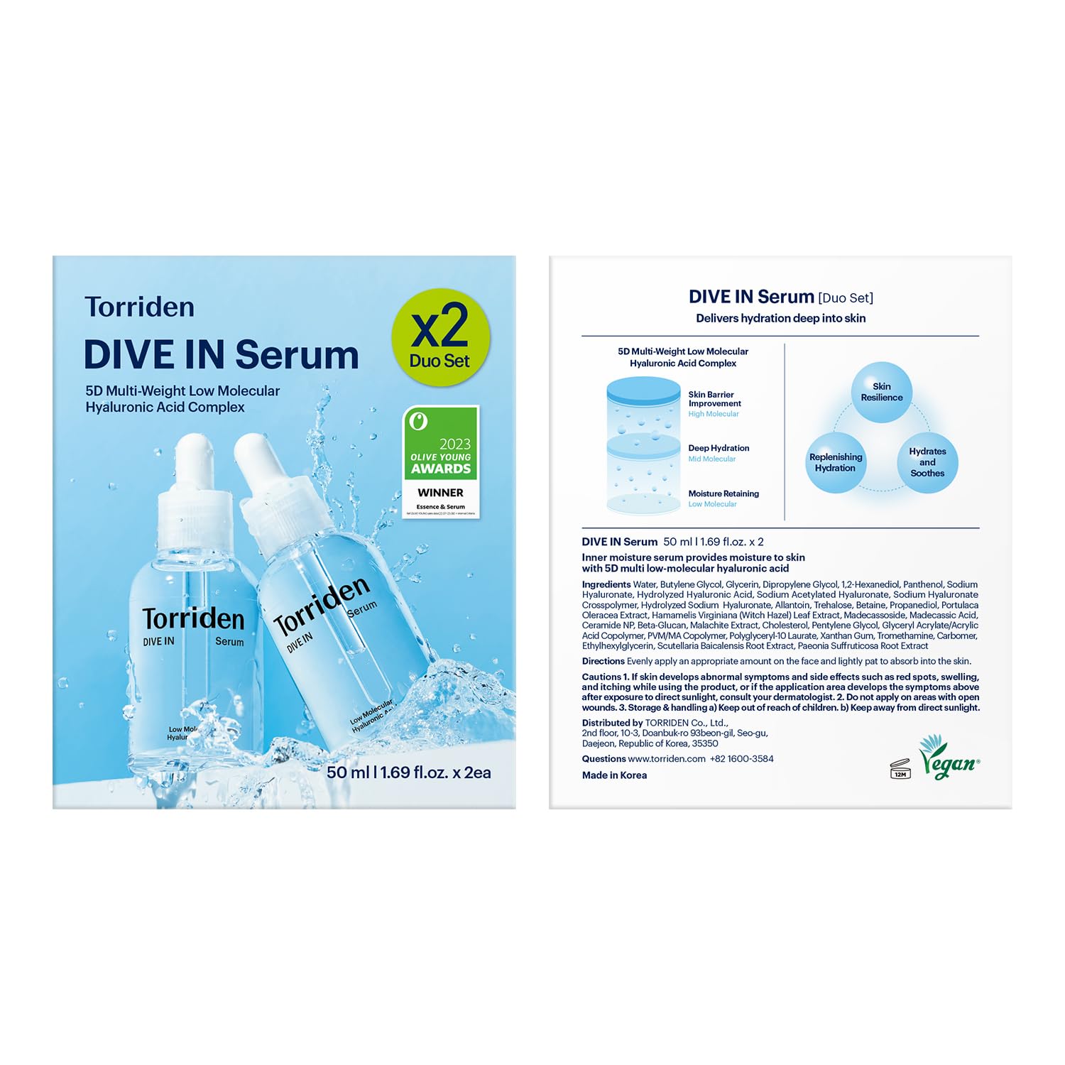 Torriden DIVE IN Hyaluronic Acid Serum 50ml(1.69 fl.oz.) * 2 (Pack of 2) | Deep Hydration to Get Glow Skin | Hyaluronic Acid, Panthenol, Allantoin | Korean Facial Serum: Pack of 2 (1.69 fl.oz x 2)