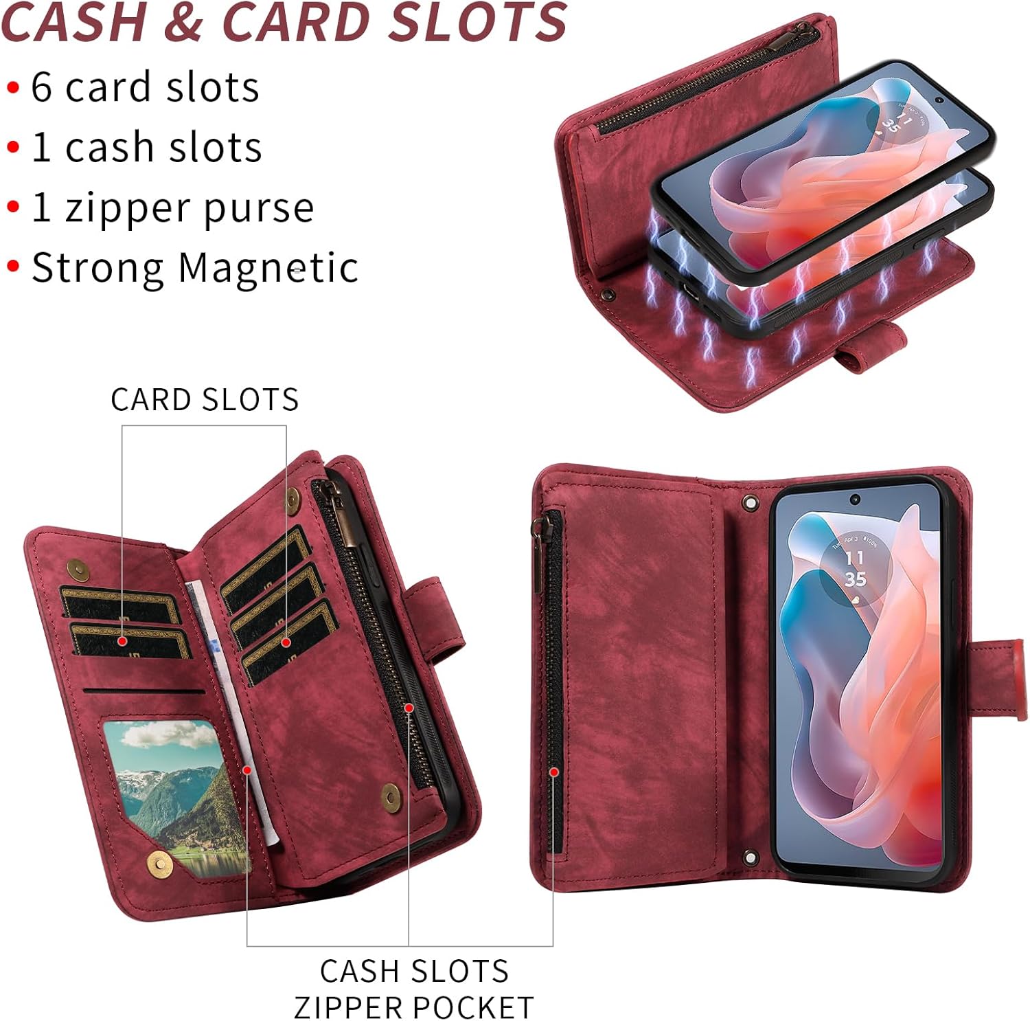 Asuwish Phone Case for Motorola Moto G Play 2024 4G Zipper Wallet Magnetic Cell Cover with Tempered Glass Screen Protector Crossbody Wrist Strap Flip Credit Card Holder Purse 64GB Women Girls Red