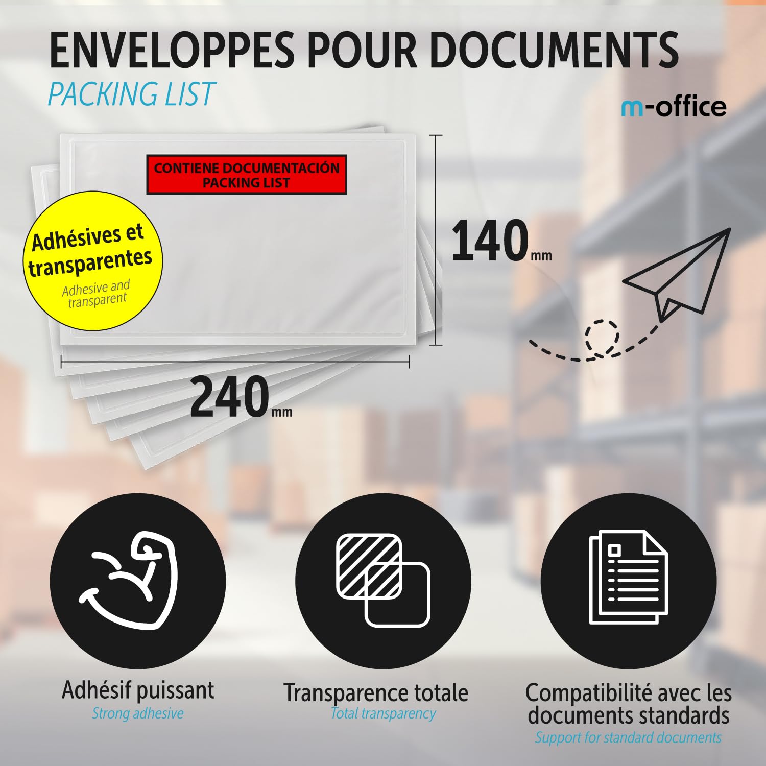 Pochettes Porte-Documents Adhésives 240x140mm, Packing List, Enveloppes Transparentes pour Expéditions, Factures, Bons de Livraison, Résistantes à l’Eau avec Forte Adhésion – m-office (500 pcs)