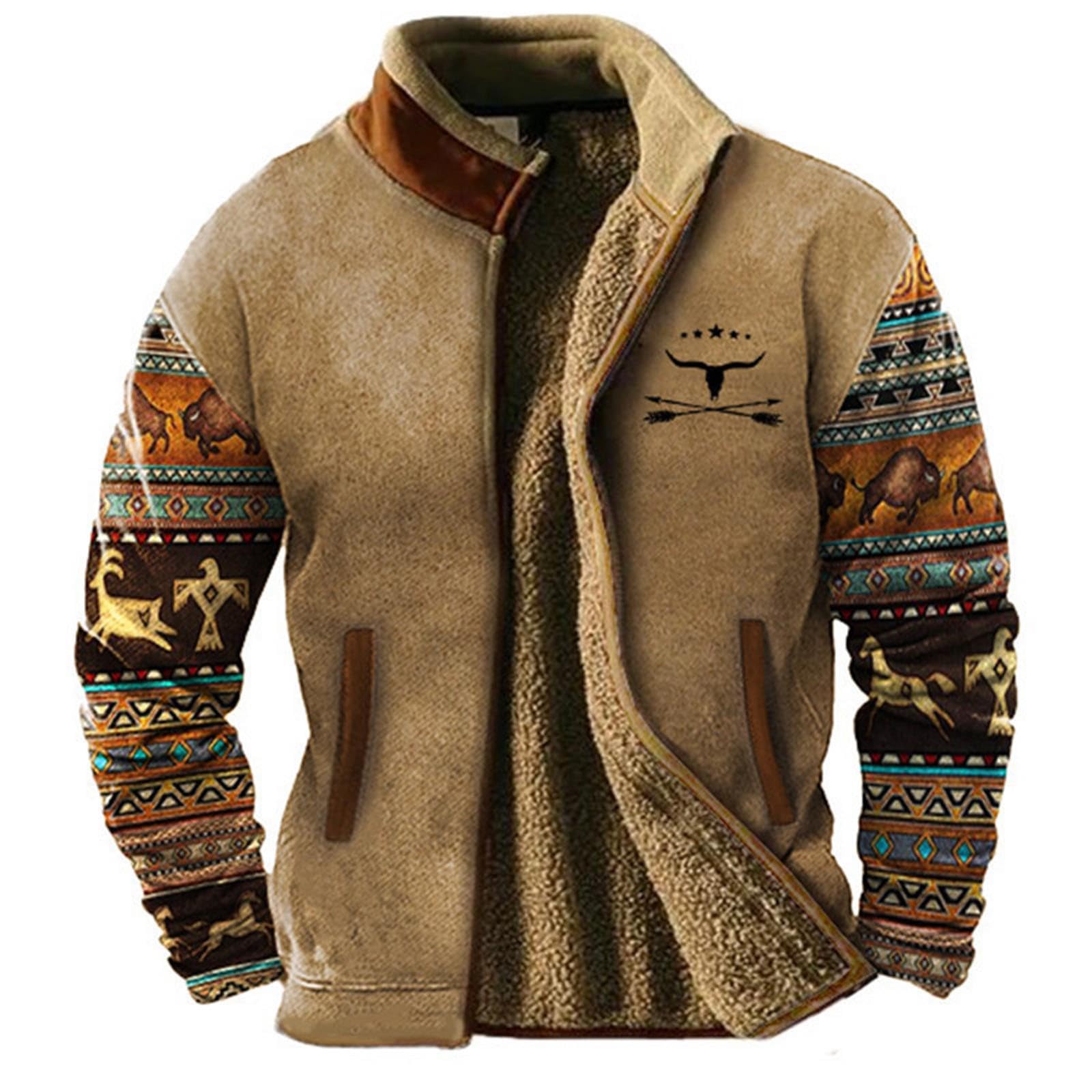 Men's Winter Jacket 3D Ethnic Aztec Printed Transition Jacket, Warm Fleece Jacket as Zip Winter Parka, Modern Vintage Work Jacket