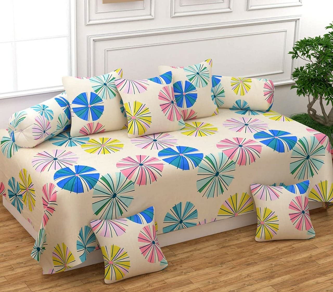 BREVARD 160 TC Glace Cotton 8 Pieces Diwan Set Including 1 Bedsheet, 5 Cushion Covers & 2 Bolster Covers, Light Yellow-image-41