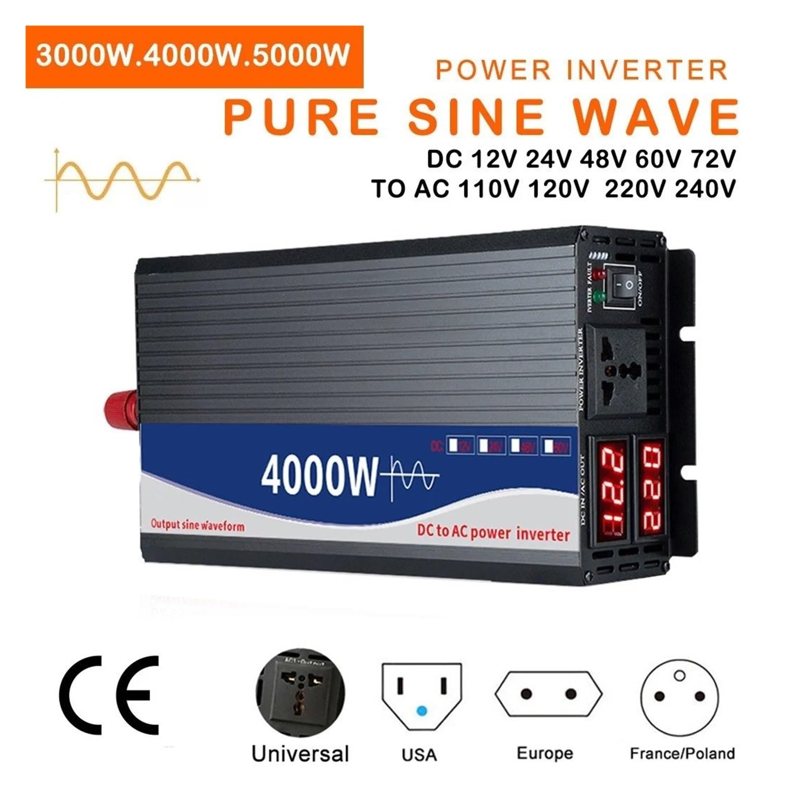 Invertitore Potenza Inverter A Onda Sinusoidale Pura Da 3000W 4000W 5000W Da CC 12V 24V 48V 60V 72V A CA 110V 220V Auto Con Convertitore Tensione E Alimentazione Solare(5000W,60V,240V(60HZ))