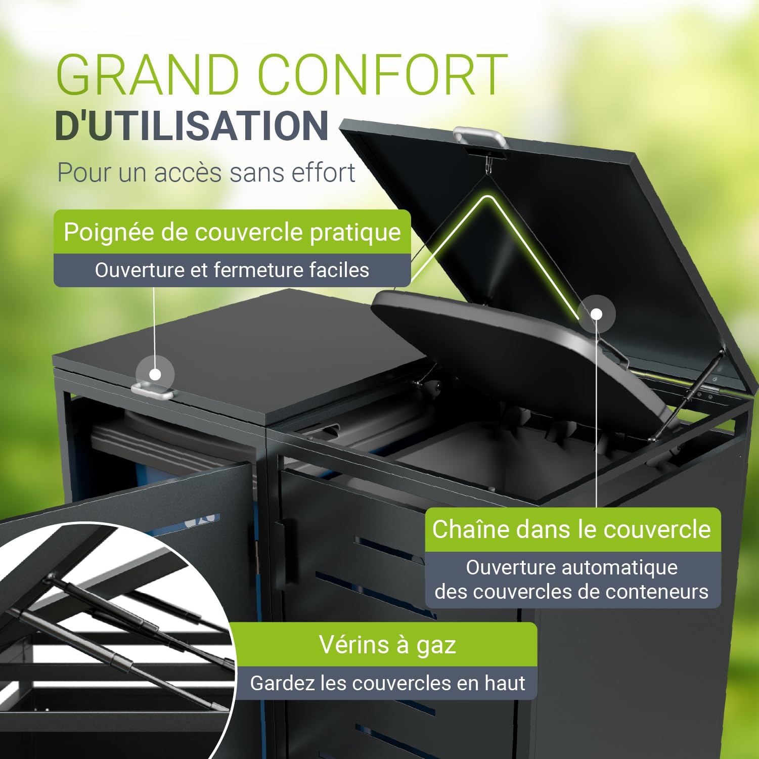 Juskys Cache-Poubelle Arel - Box de Jardin en métal pour 2 poubelles de 120l - Box de Rangement verrouillable - Abri avec Toit & vérin à gaz - Anthracite