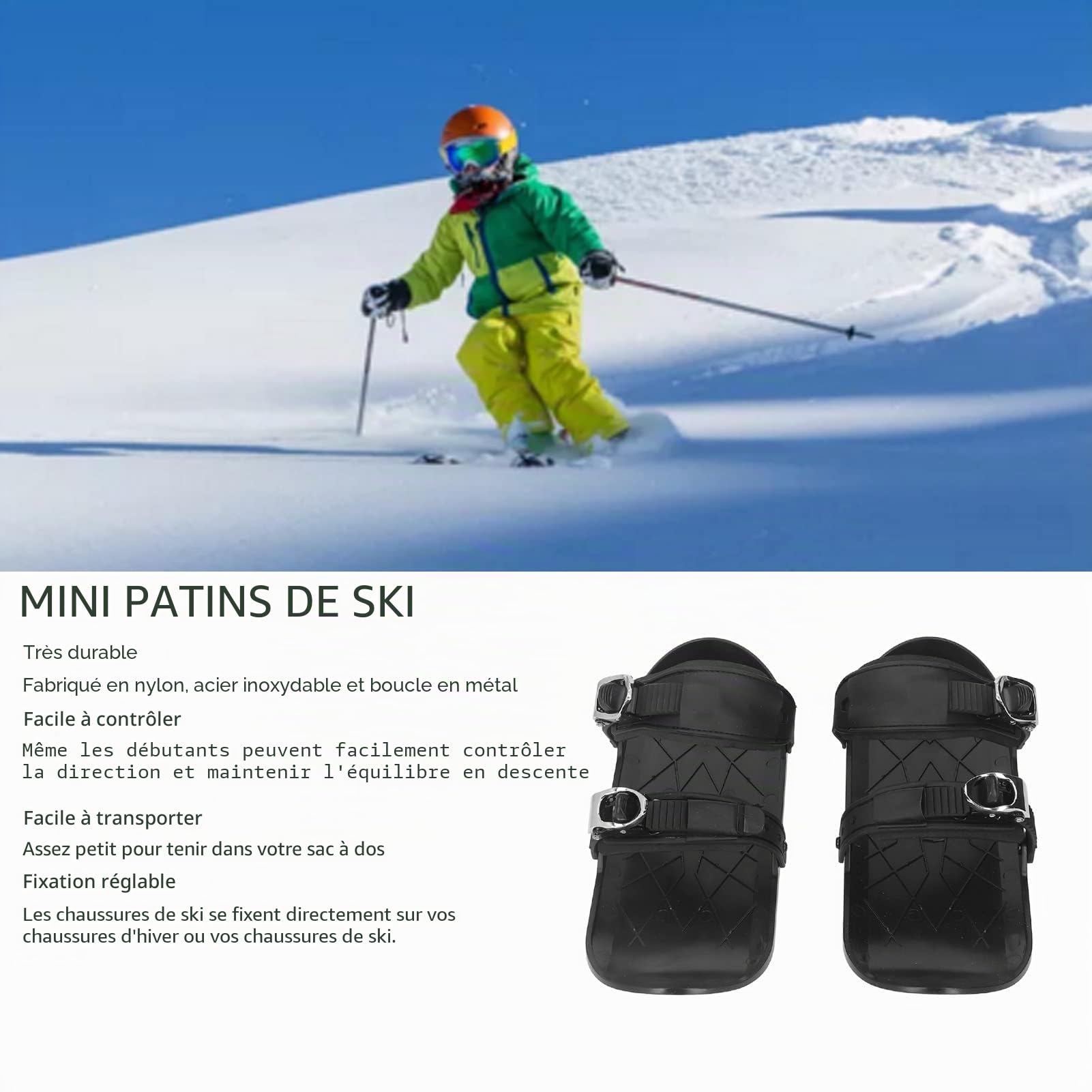 Mini Patins de Ski Courts, Skis pour Chaussures d'hiver, Patins à Neige Courts Snowblades Skiboards, Chaussures de Ski d'hiver Réglables Snowboards pour Le Ski en Plein Air