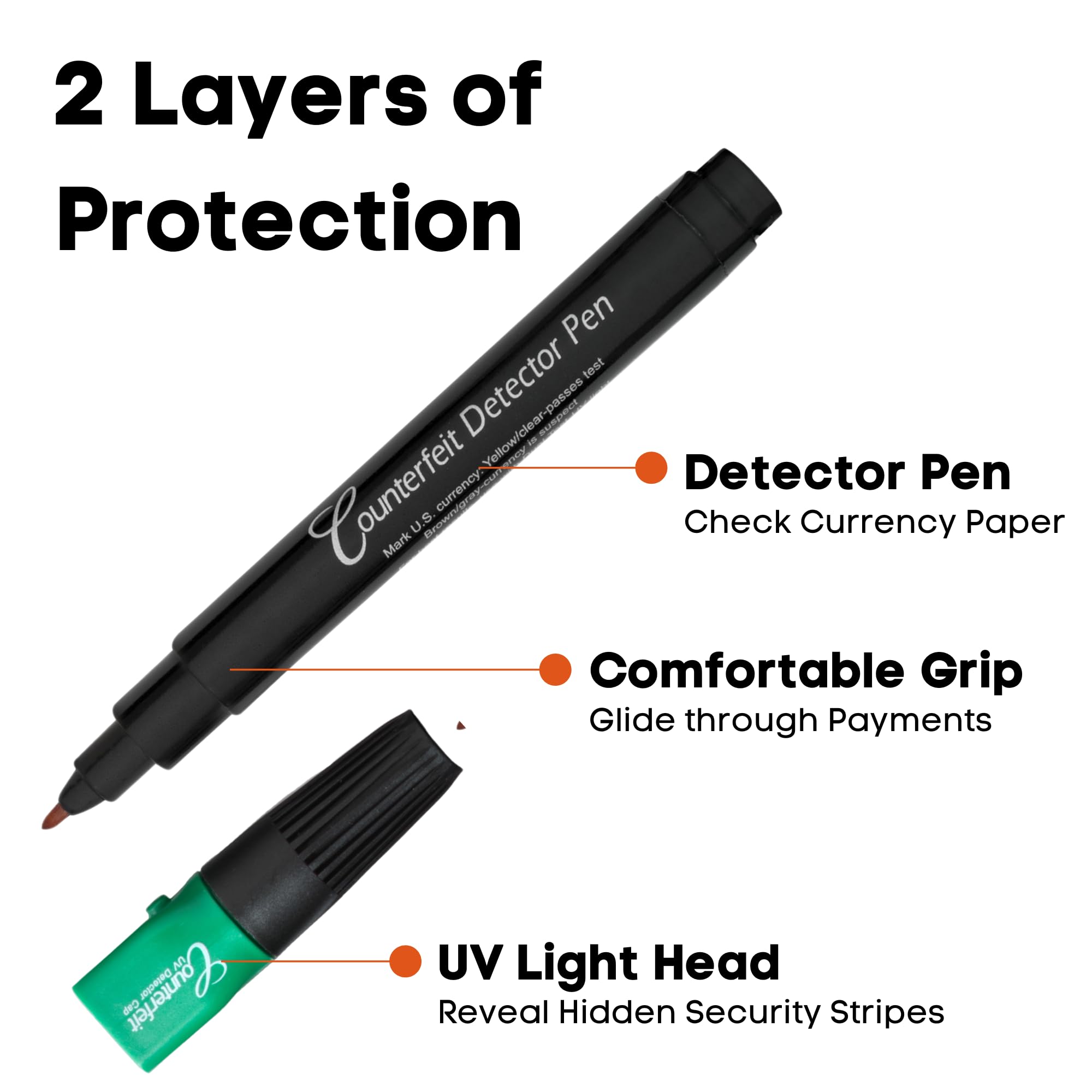 Dri Mark Stylo détecteur de faux billets à double test, lampe UV - Tests pour bandes de sécurité et papier de monnaie authentique, 1 lampe UV / 3 stylos