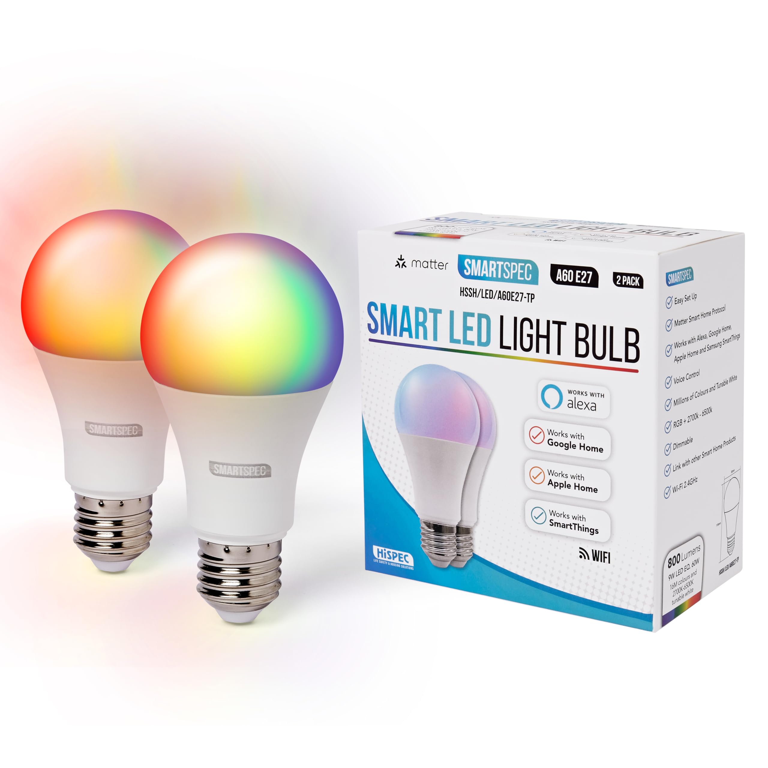 SMARTSPEC SMARTSPEC Smart Bulb 2 Pack, Smart WiFi LED Light. Works with Amazon Alexa, Google Home, Apple Home. Colour Changeable. Multicolour Smart Light Bulb NUUK-A60 ACK Matter E27