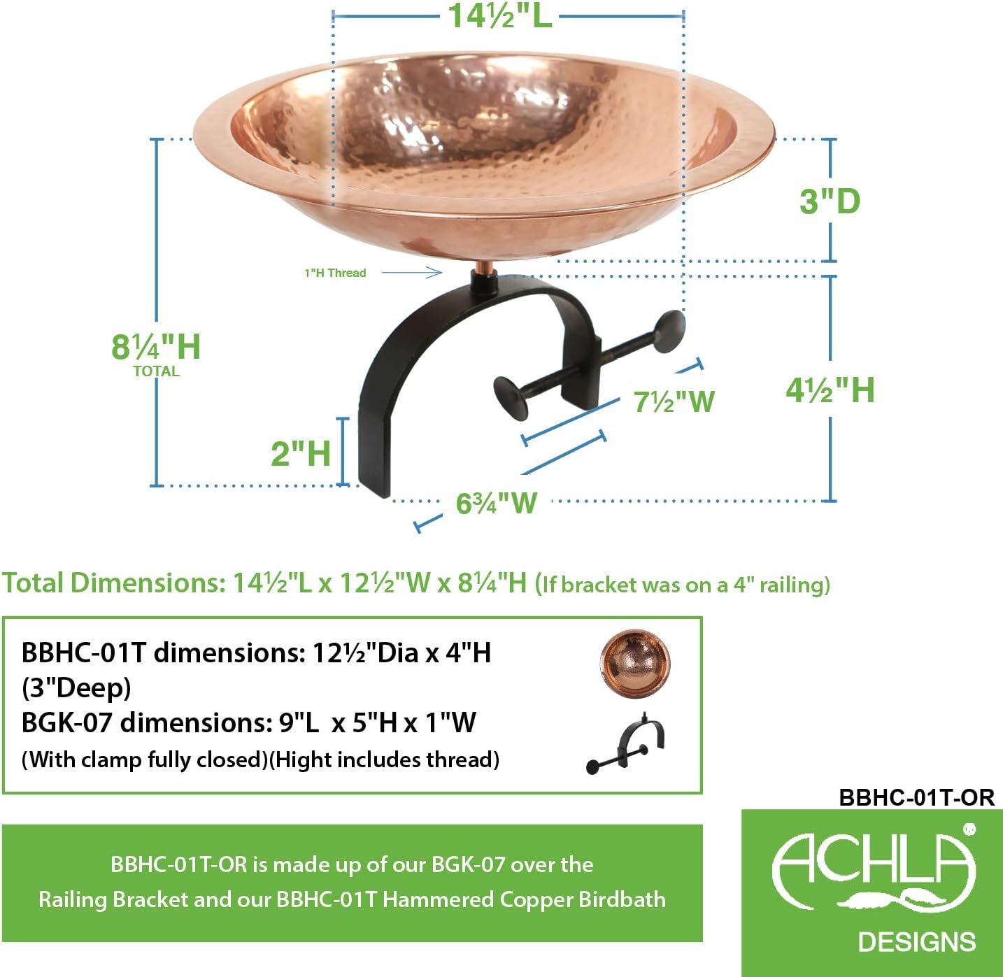 Achla Designs BBHC-01T-OR Hammered Bracket Railing Mount Birdbath, Copper, Black