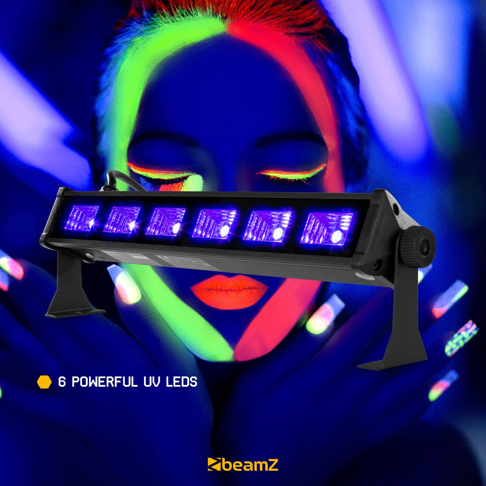 BeamZ BUV63 – Barra LED UV Blacklight 6 x3W efecto luz negra 395-405nm, ángulo 120°, plug and play, sin DMX, iluminación UV ideal para fiestas, sessiones DJ, eventos, bares, escenarios, color negro