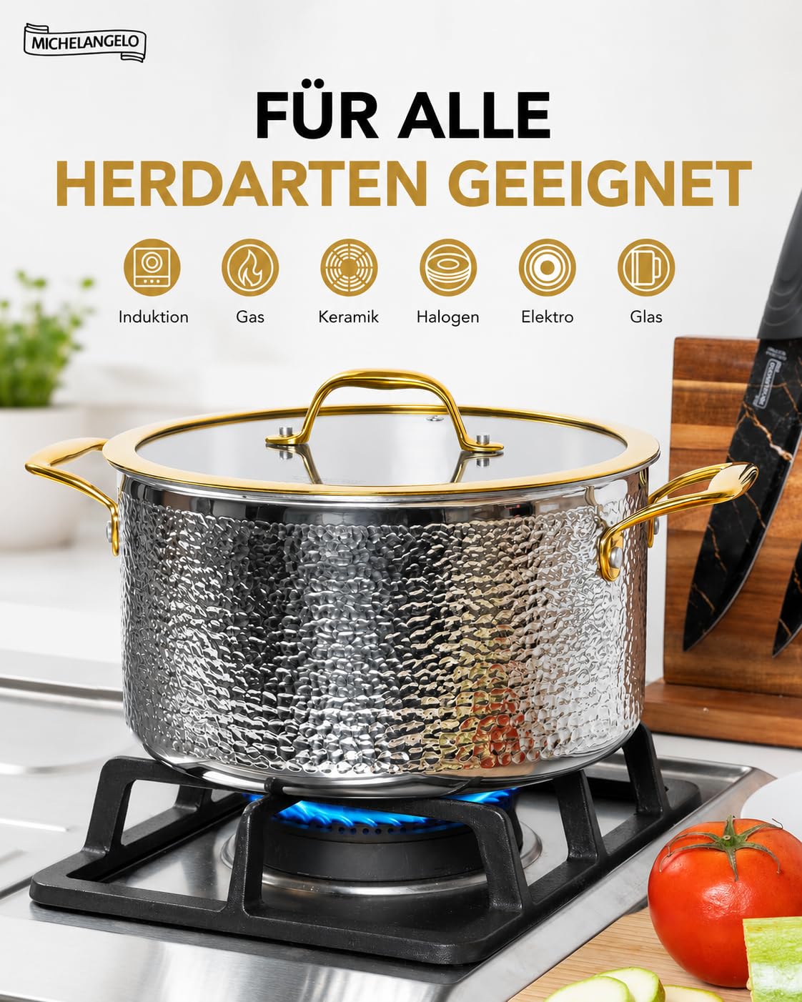 MICHELANGELO 10-tlg. Topf- und Pfannenset Induktion, Edelstahl, gehämmert | Kochgeschirr-Set | Gehämmerte Optik | Goldfarbene Griffe | 3-lagiger Edelstahl | PTFE-/PFOA-frei | Backofen bis 315°C
