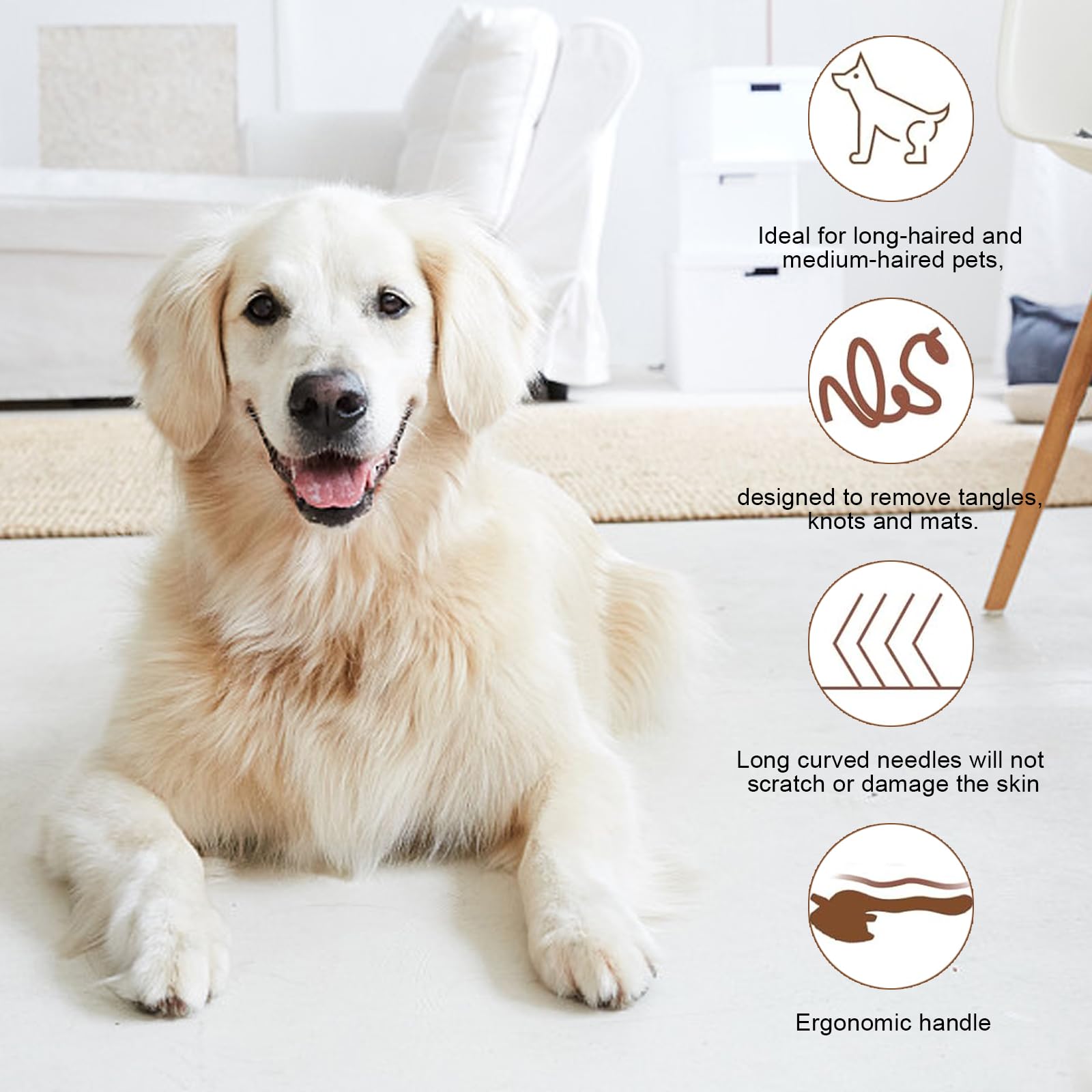 Cepillo Perro Pelo Largo con Mango de Madera Curvo, Cepillo y Peine para Quitar Nudos y Subpelo, Para Perros y Gatos de Pelo Medio/Largo como Golden Retriever, Pastor Alemán, Persa