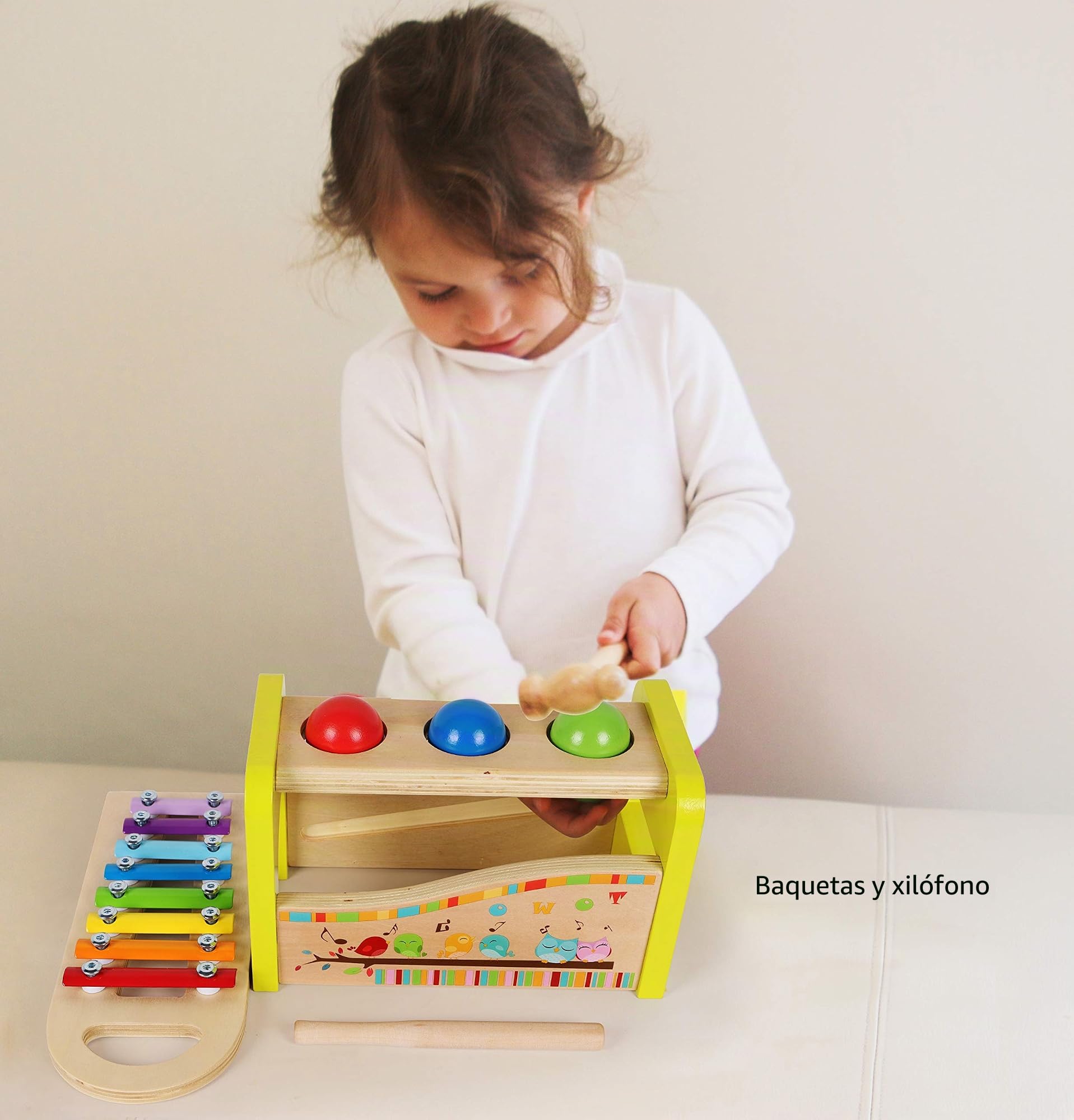 TOWO Juguete Musical de Madera 3 en 1 con Martillo, Pelotas y Xilófono - Banco de Golpes y Percusión Montessori para Bebés y Niños
