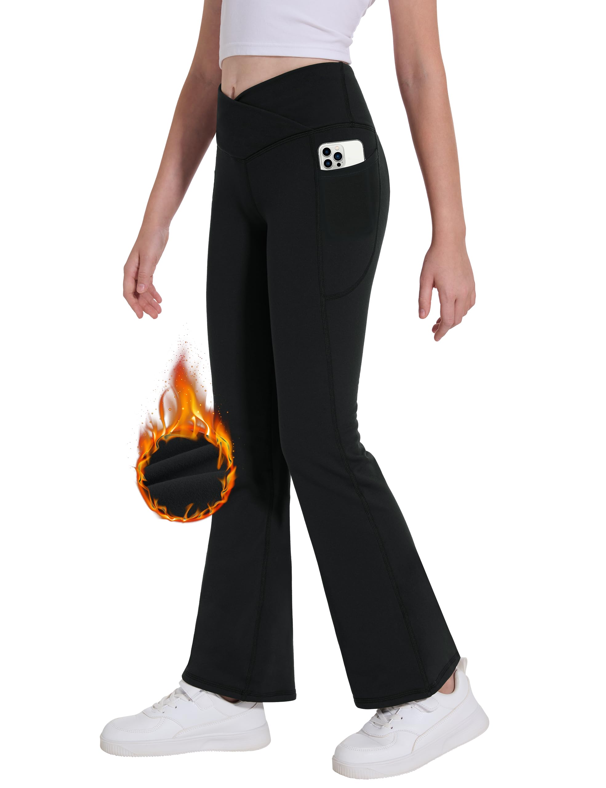 Desol Girl's Fleece Lined Flare Leggings with Pockets Crossover High Waisted Dance Bootcut Yoga Pants for Winter