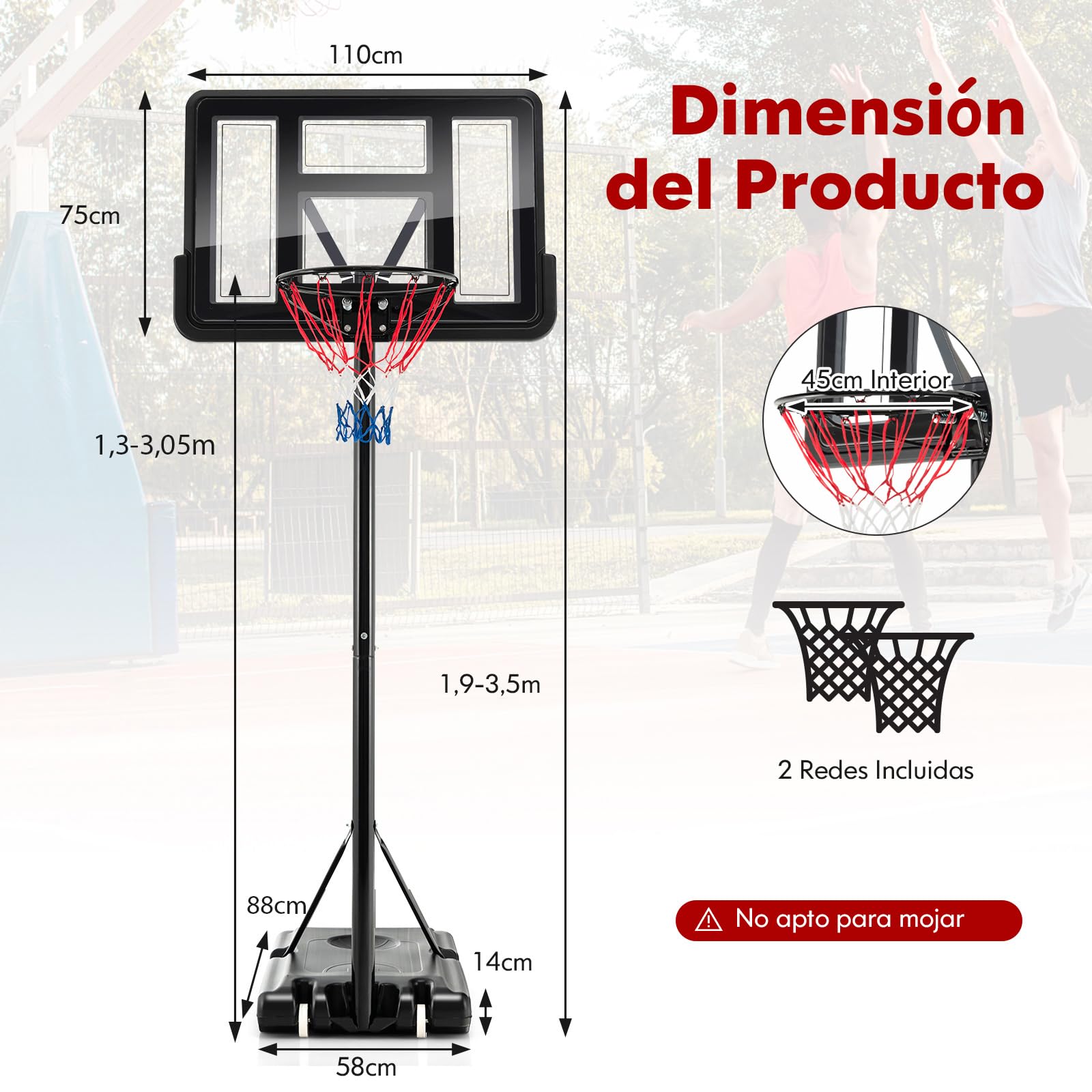 COSTWAY Canasta de Baloncesto Exterior, Altura Ajustable de 12 Niveles, 1,3 a 3,05m, Móvil con Ruedas, Base Rellenable, Canasta Baloncesto Adultos y Niños