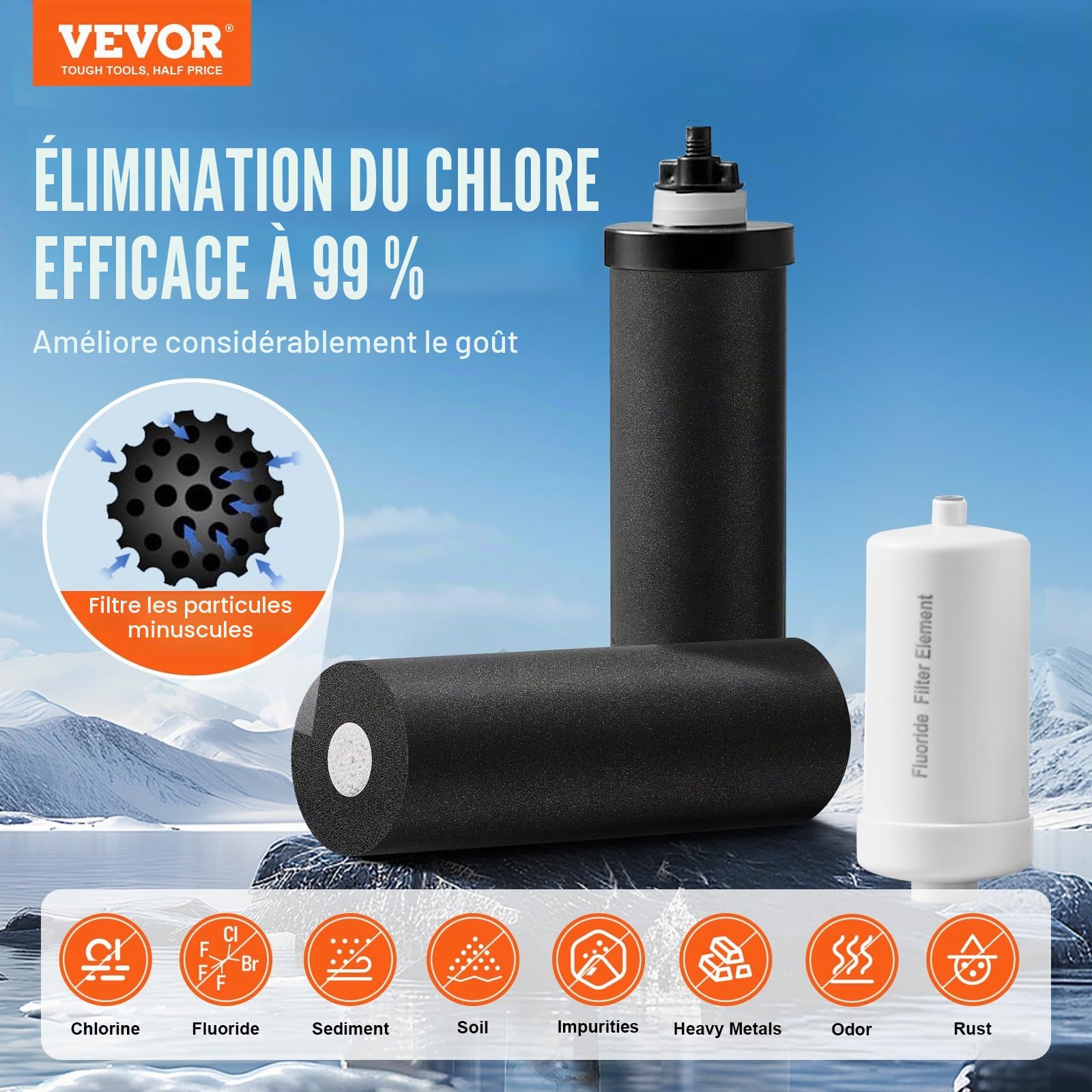 VEVOR Système de Filtration d'Eau par Gravité 7,5 L, Filtre à Eau par Gravité Réduction du Plomb et jusqu'à 99% du Chlore, Inox 304, avec 2 Filtres à Charbon Actif, 2 Filtres de Défluoration, Robinet