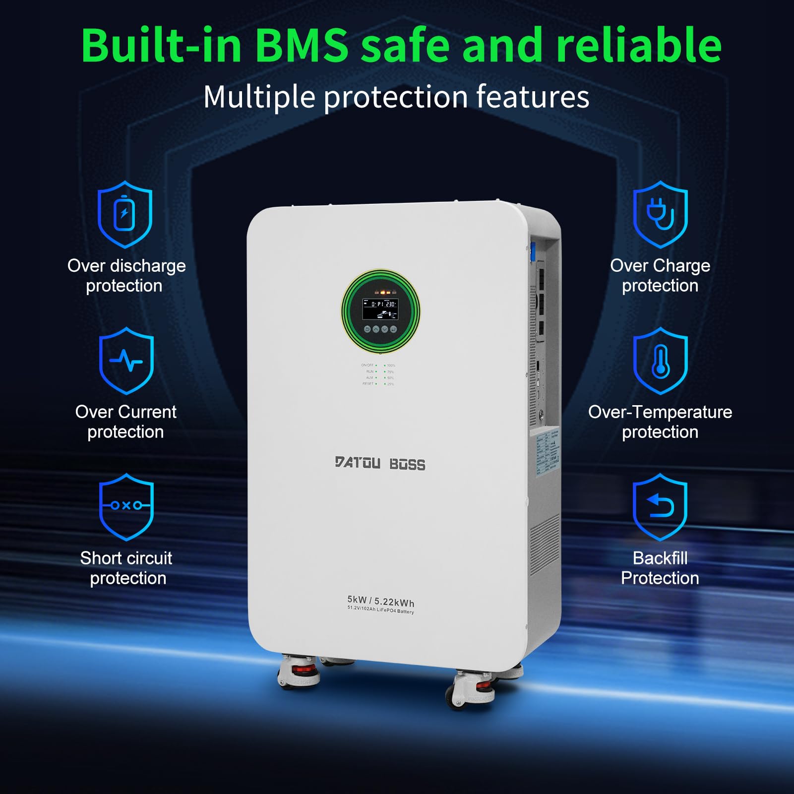 DATOUBOSS 5000W Inverter Ibrido Solare 48V+Batteria LiFePO4 48V 102Ah 5,22 kWh,6000+cicli,integrata BMS,ideale per Solare, Off-Grid,Centrale Elettrica.