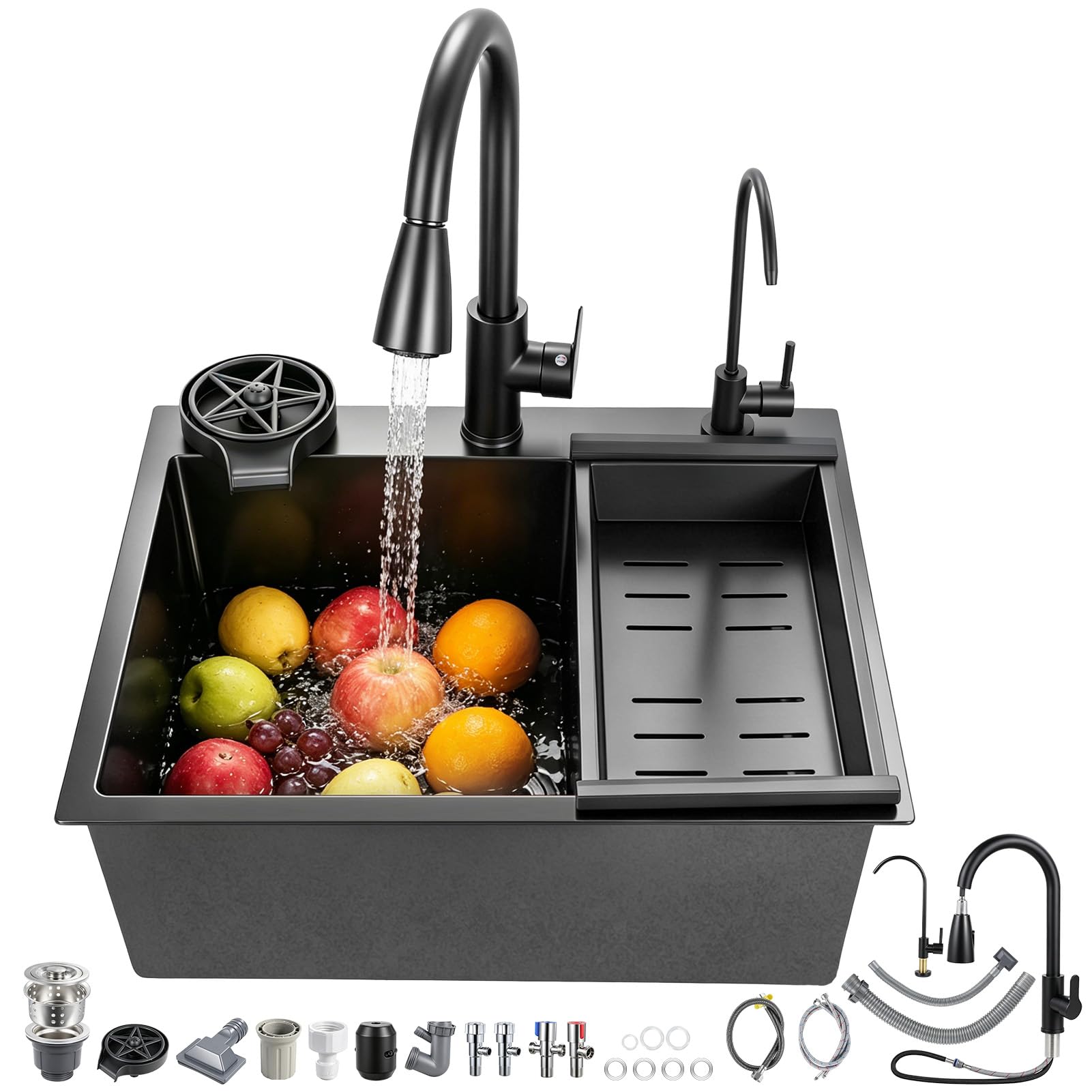 Negro Fregadero Cocina Monocubo Titanio 55x45cm, 3mm 304 Acero Inoxidable