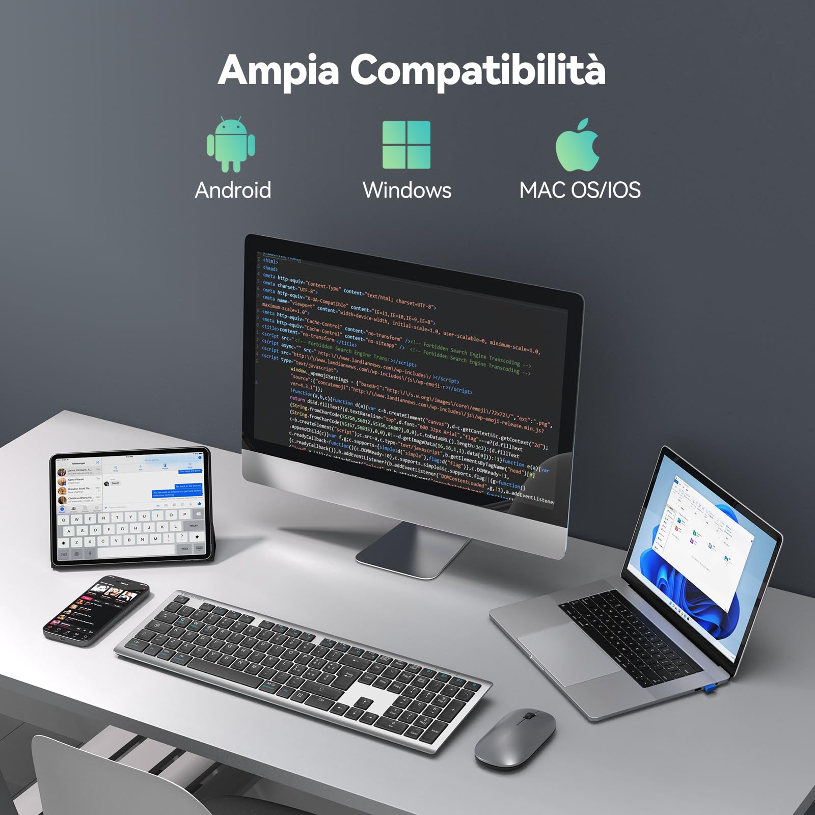 TECKNET Bluetooth Tastiera Wireless, 4 Commutazione Dispositivo(2.4G+BT), USB C Ricaricabile, Full-Size Ultra Sottile Tastiera Senza Fili per PC/Tablet/Windows/MacOS, Layout Italiano QWERTY