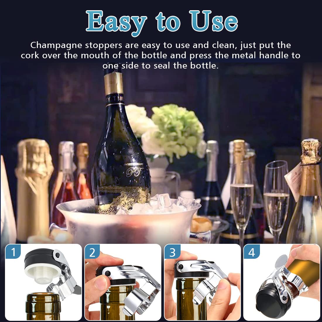 4 Tapones Universal para Conservar Cava y Vino Champagne, Antigoteo Mantiene el Fresco 10 Días