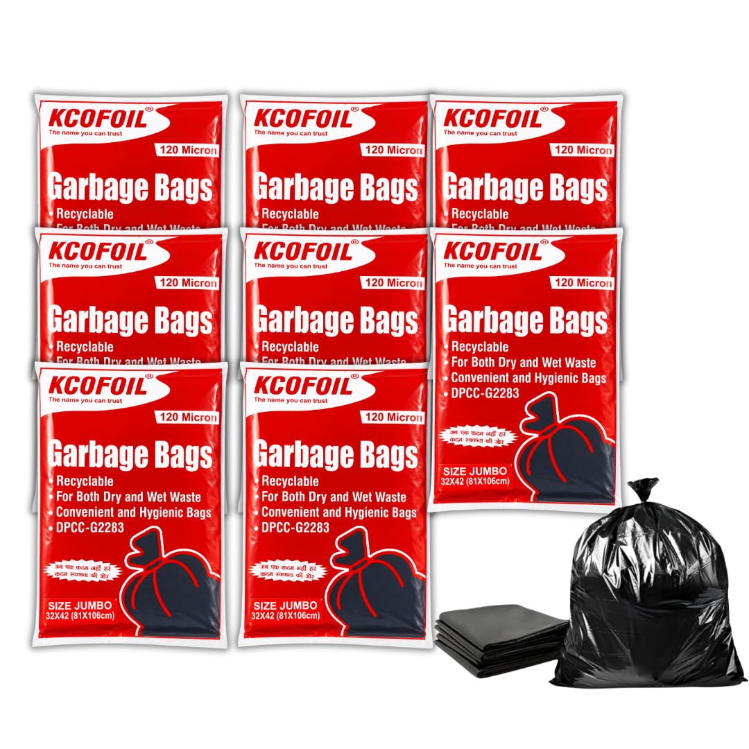 KCOFOIL 120-Micron Garbage Bag - Jumbo | 32 x 42 Inches | Lightweight & Leakproof Waste Bags | Heavy Duty Trash Bags for Home, Kitchen, Office & Bathrooms | Pack of 8