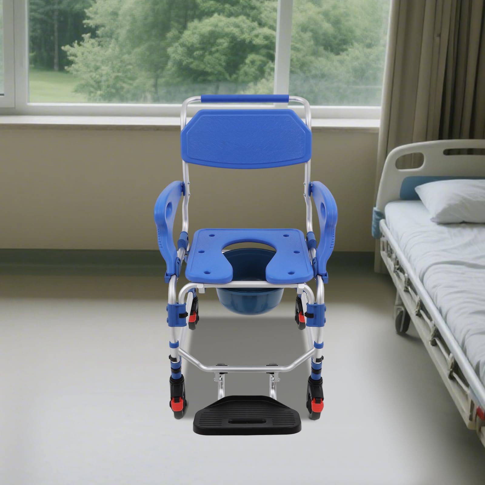 Silla de inodoro con ruedas Silla de ducha móvil para personas mayores, ducha móvil, silla de ruedas con reposabrazos plegables, capacidad de carga de 125 kg, 4 ruedas con frenos, cubo de inodoro