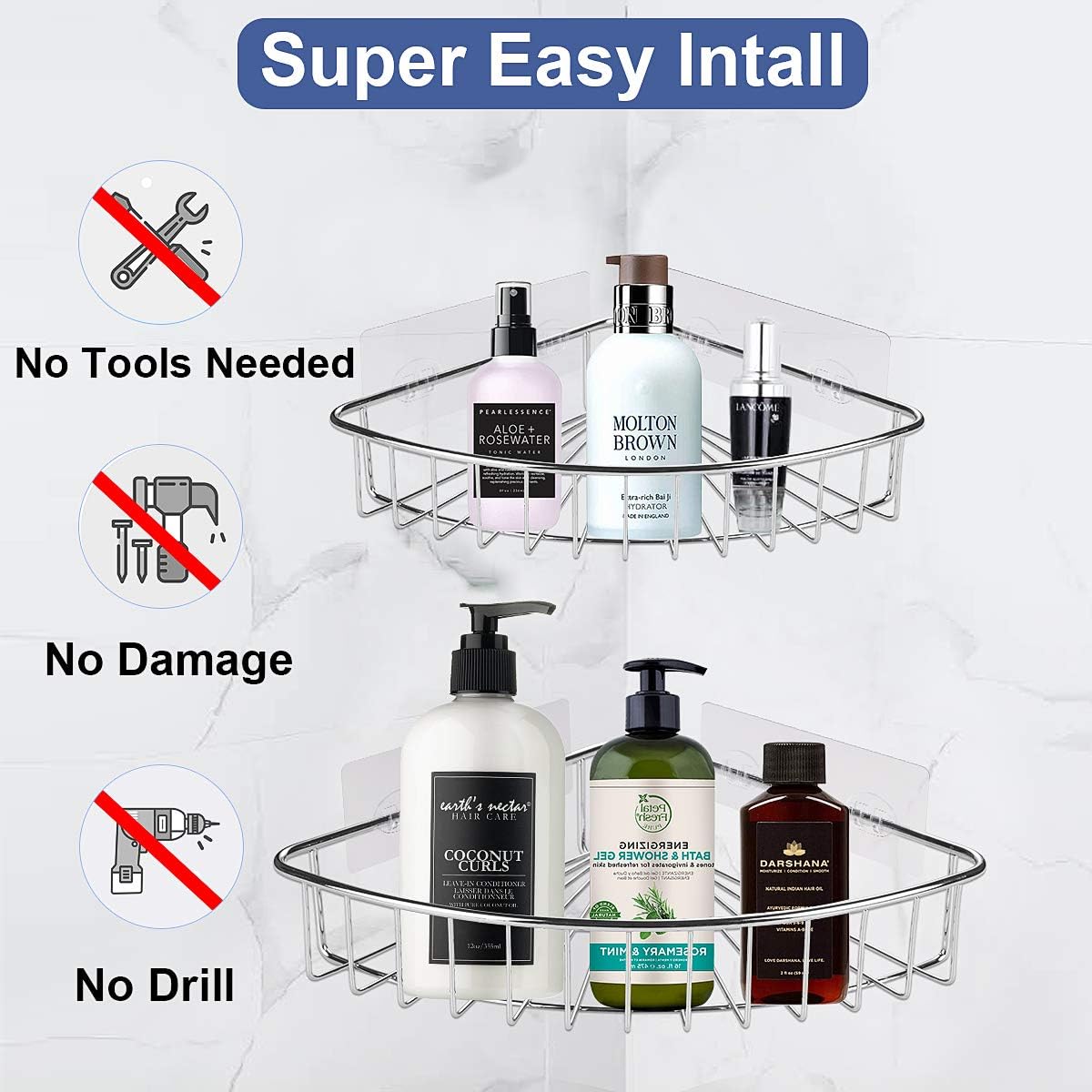 DUNCHATY Corner Shower Caddy, 3 Pack Shower Organizer Corner Shelf Adhesive Shower Rack Stainless Steel Bathroom Corner Shelves for Kitchen Caddy Organizer Silver 3 Sizes S M L