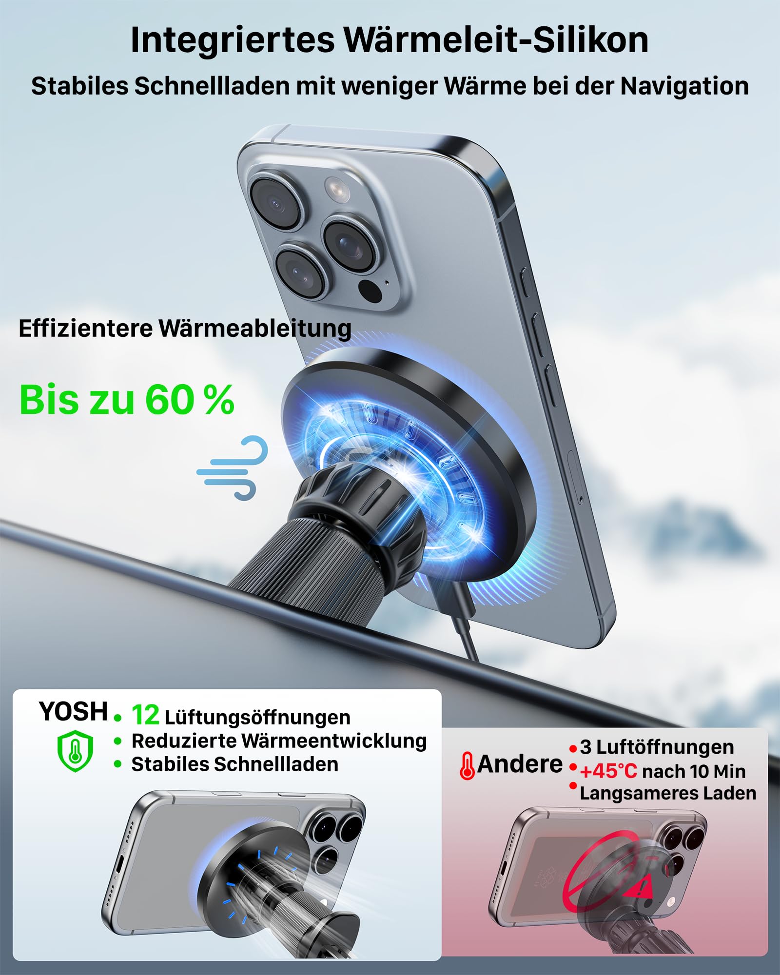 YOSH für MagSafe Autohalterung mit Ladefunktion, [verlängerter Metall-Doppelhaken & N56 Magnete], 15W Schnellladen, magnetische Handyhalterung Auto für MagSafe, für iPhone 12-17 Samsung & Pixel
